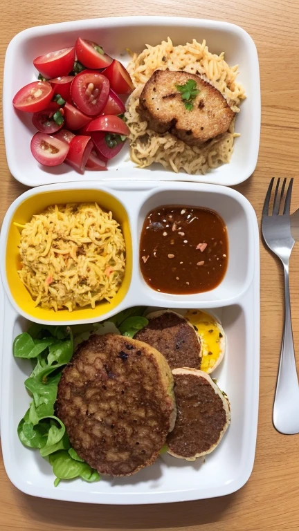 (8k, RAW photo, best quality, masterpiece:1.2), High detail RAW color photo, professional photograph, (realistic, photo realistic:1.37), ((best quality)),(a very beautiful and very cute little girl),(the girl is 5 years old),(
the girl looks happy when she sees a rectangular lunch plate for on a table),(the lunch plate places on a single cute patterned plate with small separate servings of hamburg steak and spaghetti and omelette and salad and fried rice and pudding),