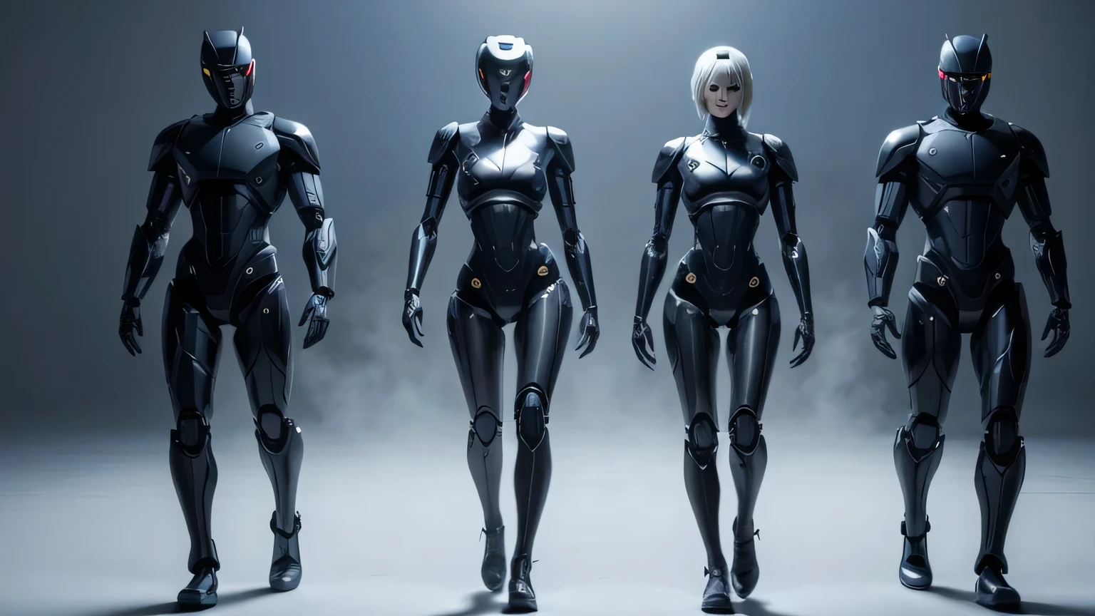 3 humanoid robots, super realistic robots, looking at the camera, futuristic, HD quality, full body, seen from the front