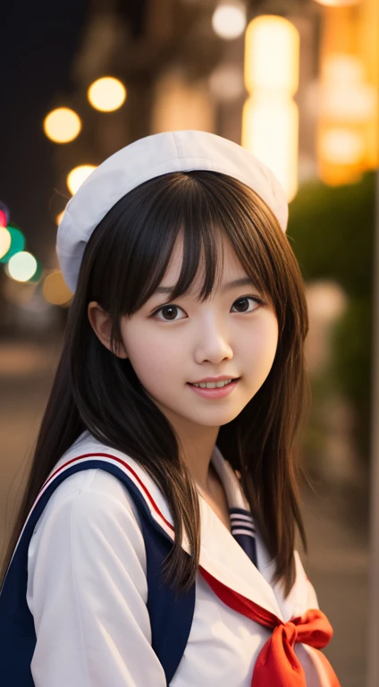 masutepiece, Best Quality, 8K, 5years old, Raw photo, absurderes, award winning portrait, Smile, Smile, Solo, Night, neons, Idol face, violaceaess, gardeniass, Delicate girl, Upper body, Digital SLR, Looking at Viewer, Candid, Sophisticated, zora々Right, Thin arms, Professional Lighting, Film grain, chromatic abberation, (Eyes and faces with detailed:1.0), (Bokeh:1.1) , closes mouth , Sailor Uniform , Shoulder out