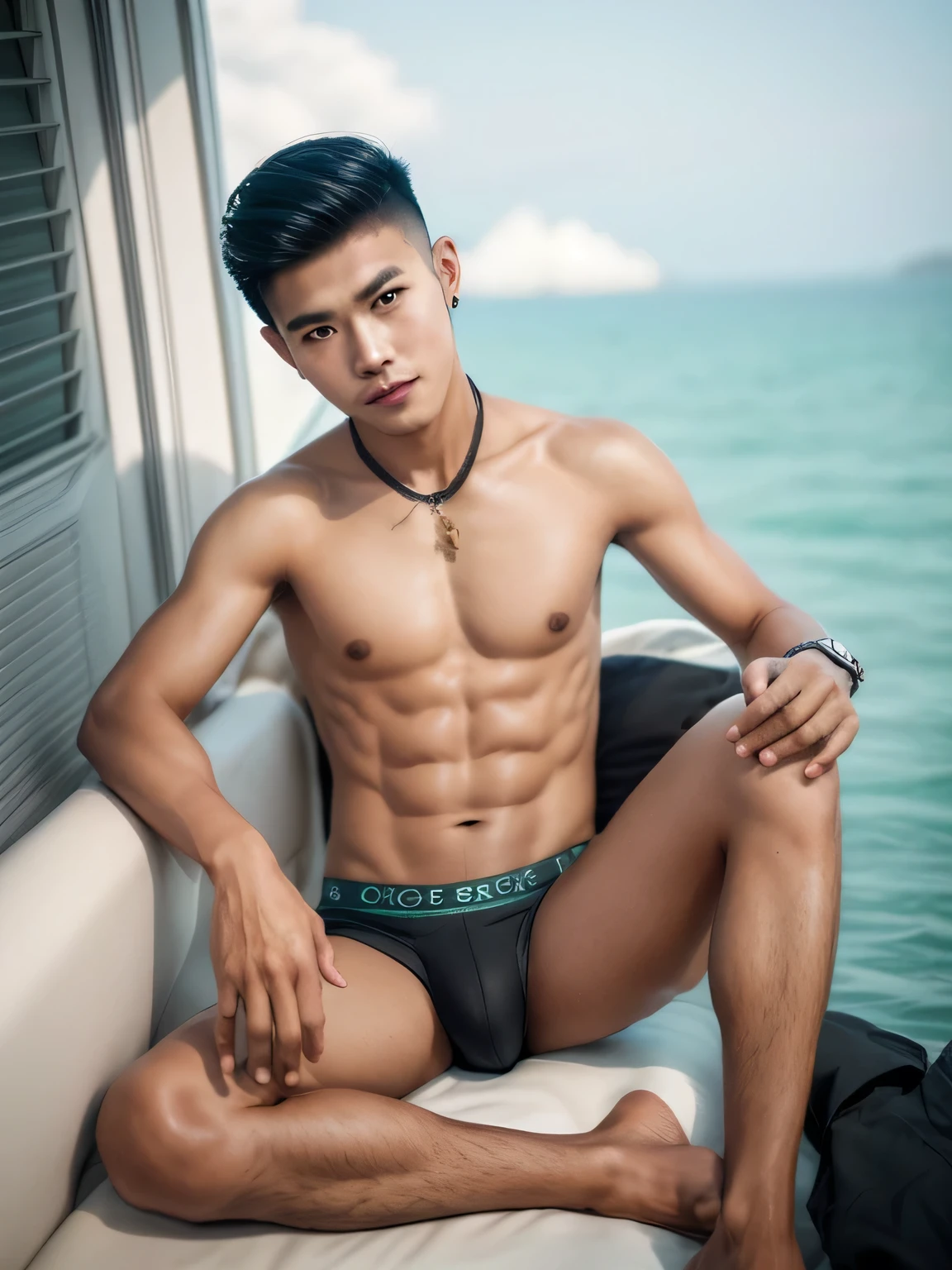 Handsome young man,Thai person,Age 30 , Take off your shirt.,Tiger pattern pants,Skin fade hairstyle,(Behind there is the sea.)