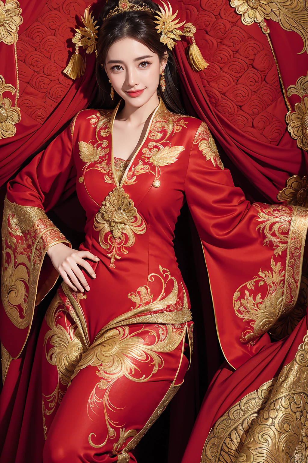 A woman wearing a red and gold Chinese dress,Phoenix crown,a chinese wedding,(tmasterpiece,top Quority,best qualtiy,offcial art,Beauty and aesthetics:1.2),(1girll:1.3),The is very detailed,(s fractal art:1.1),Most detailed,( zentangle:1.2), full bodyesbian, (abstract backgrounds:1.3), (Shiny skin), (many color:1.4), happy smile,(Earrings), (feater:1.5), sexy pose, (the body from thighs up:1.3))