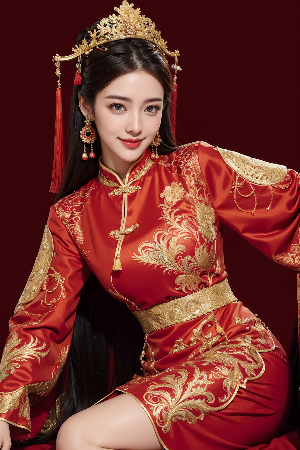A woman wearing a red and gold Chinese dress,Phoenix crown,a chinese wedding,(tmasterpiece,top Quority,best qualtiy,offcial art,Beauty and aesthetics:1.2),(1girll:1.3),The is very detailed,(s fractal art:1.1),Most detailed,( zentangle:1.2), full bodyesbian, (abstract backgrounds:1.3), (Shiny skin), (many color:1.4), happy smile,(Earrings), (feater:1.5), sexy pose, (the body from thighs up:1.3))