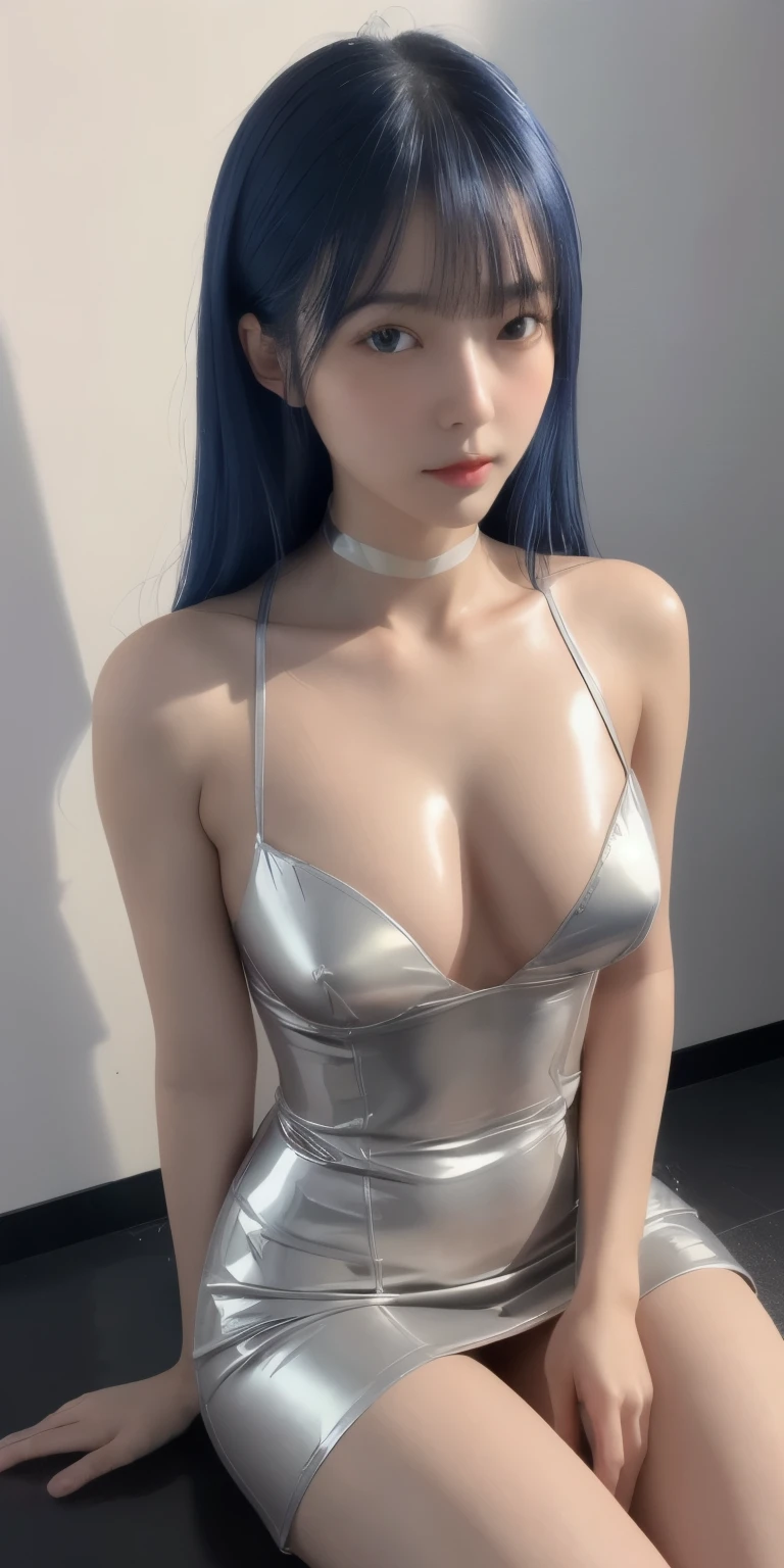 (8k, Original photo, highest quality, masterpiece:1.2,),((((((truthistic, photo truthistic:1.3)))))),(((Simple Background:1.2))),(((Shut your mouth.:1.3))),Ultra-high resolution,(Beautifuly delicate eyes), (8k, Original photo, highest quality, masterpiece),(truthistic, photo truthistic),Ultra-high resolution,Highly detailed CG synthesis 8k wallpaper,Sharp focus,(truth_skin, oily skin),Perfect Anatomy,thin and long,(Cinema Lighting), Break 1 Girl,bangs,Beautiful bright blue hair,Shiny long straight hair,Night Time,(Love Hotel at Night),(thigh),(Silver patent leather dress),Full Body Shot,choker,upright,Hollow Eyes,Thin eyebrows,Face like a Japan person,透き通ったskin,Erotic,Slit eyes,Hollow Eyes,Medium chest,Small Nose,Natural Lip,Obscene,Doll-like look