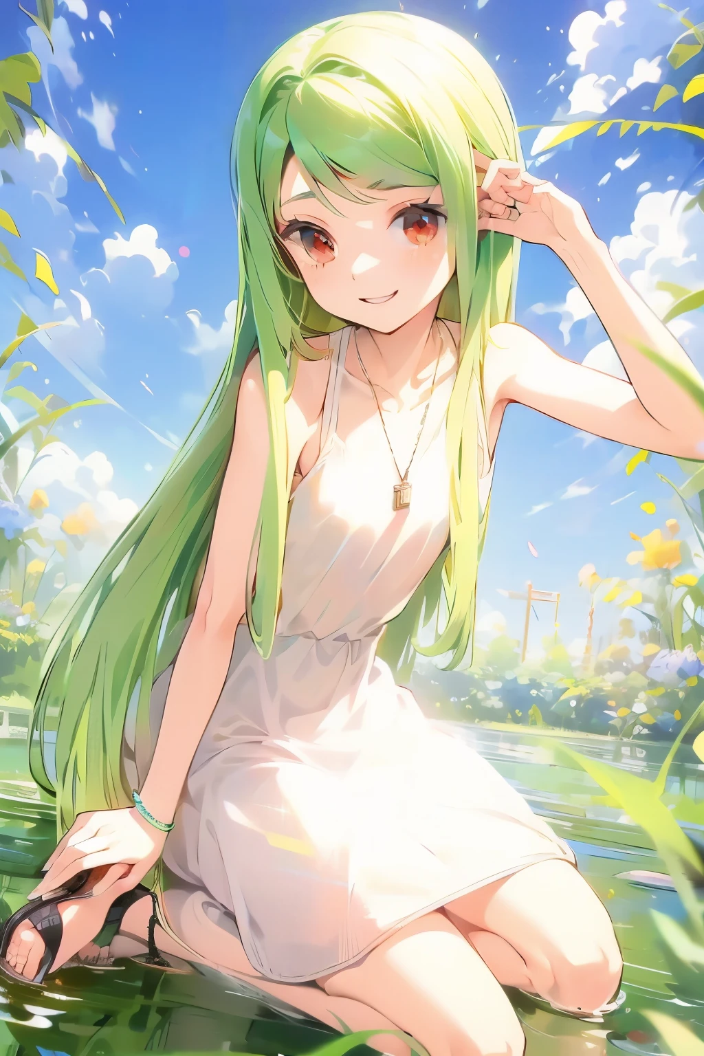 masterpiece, (key anime visual), (((HDR))), ((best quality)), (ultra high quality), (hi-res), ((1 anime girl)) (((red eyes and white skin))), beautiful eyes, (()), (((light green hair))), (bangs left-part), (left part bangs), bangs side, ((side locks)) (long side bangs), (((long straight hair that goes to her knees))), straight hair, wearing a plain white sleeveless mini dress, wearing tan sandals with no socks, (((small breast))), (happy expression), cute, facing camera, in a garden, necklace short silver heart-shaped on silver chain