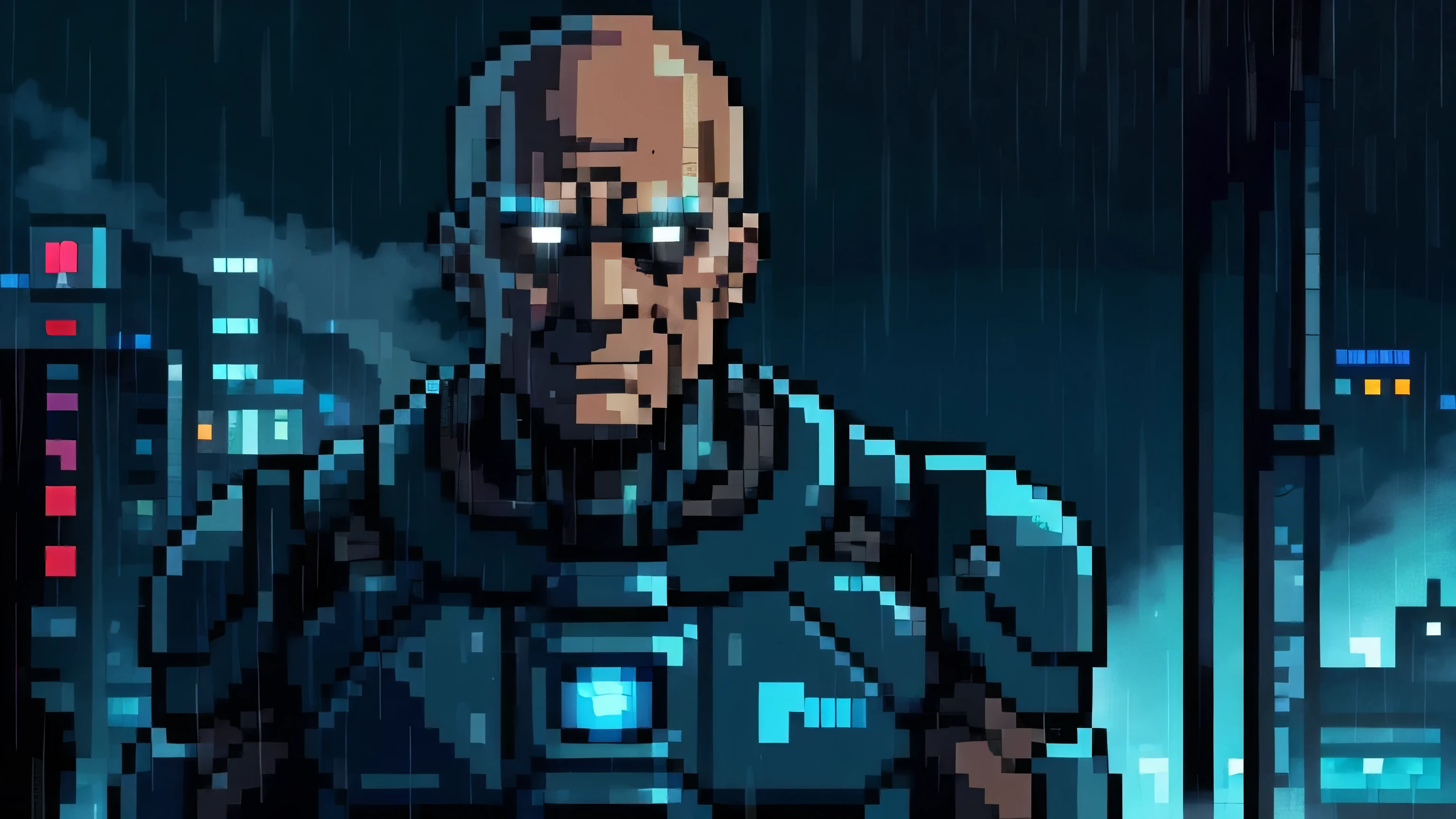 pixel art,pixel perfect, in a city, pouring rain,detailed environmental textures,moody atmospheric lighting,cinematic composition,intricate details,vibrant colors,dramatic lighting,volumetric fog,realistic shading,masterpiece,an old male robotic cyborg, cyborg has an off colored eye, cyborg is holding a blue saber