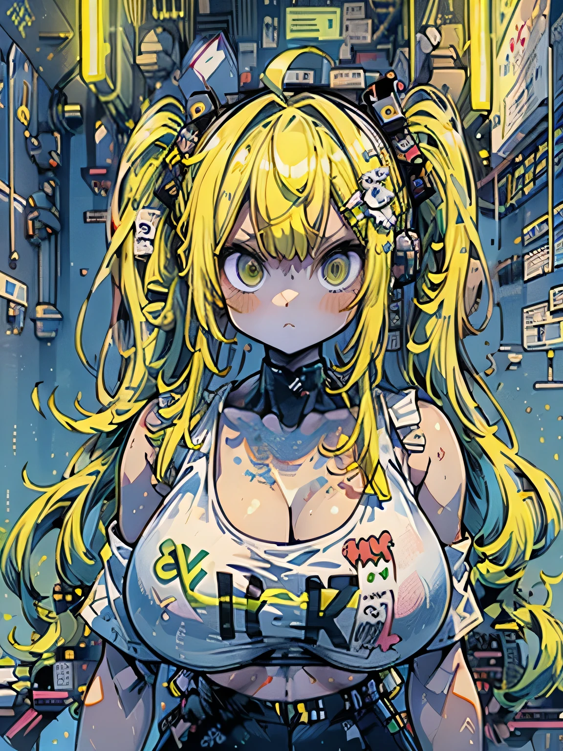 (((highest quality、8k、masterpiece：1.5)))、(Yellow Hair、Twin tails、Big Breasts、Underboob、Sheer white tank top、Green Cargo Pants、************))、((Perfect Anatomy))、whole body、Facing forward、looking at the camera、Night view of the future、cyber punk、neon、Angry face、Standing with arms crossed