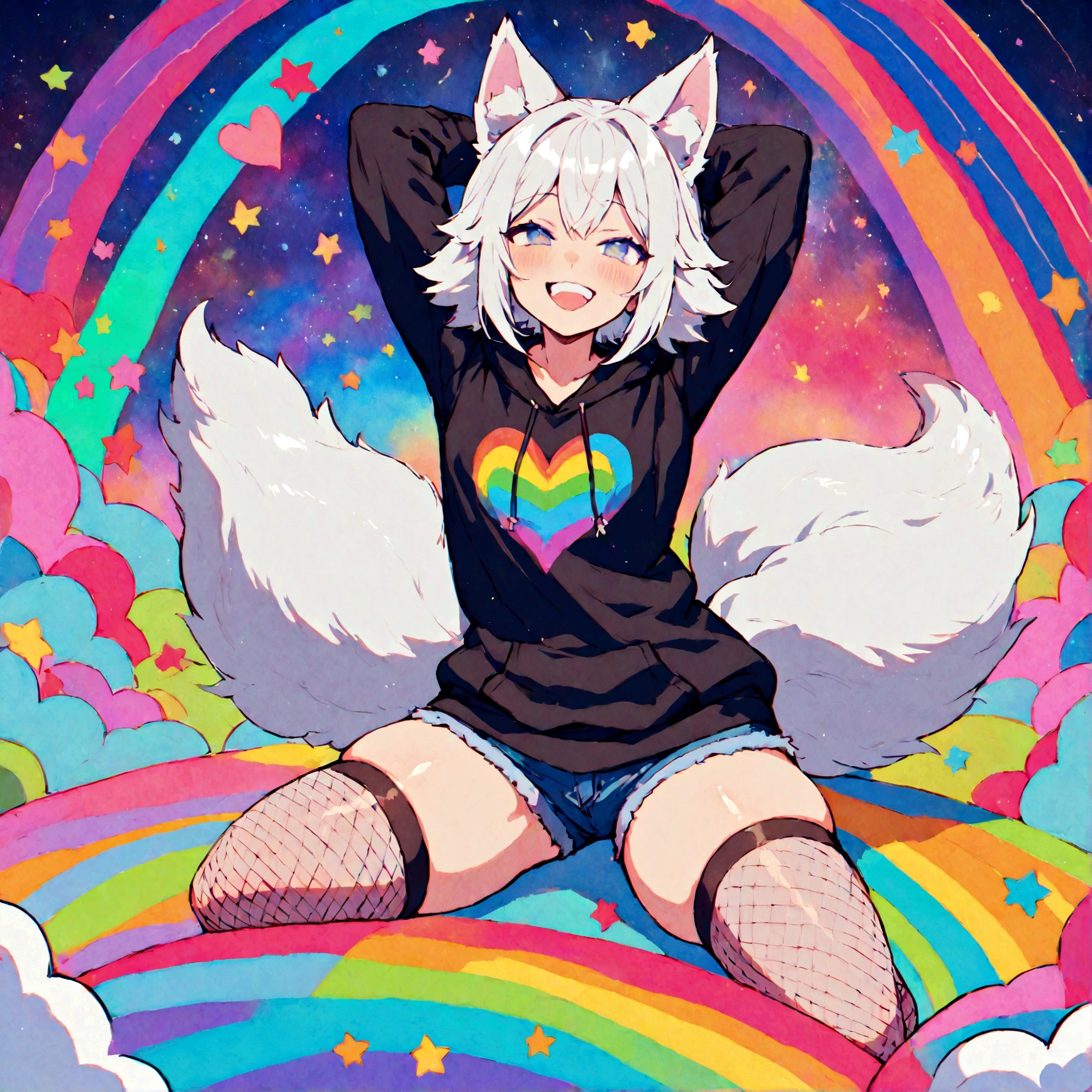 a cute adult male with wolf ears, white hair, has a wolf tail, wearing a loose cropped oversized black hoodie, wearing a pair of denim short shorts and thigh high fishnet stockings, thick thighs, wide hips, relaxing on mound of fluffy multi colored kawaii plushies, short, very slim, showing slender tummy, stretching out, heart on hoodie, squishy thighs, has glowing blue eyes. alone, solo (ALONE)(SOLO), surrounded by rainbows, colorful galaxy backround, mouth wide open grin, very happy, excited, nice butt