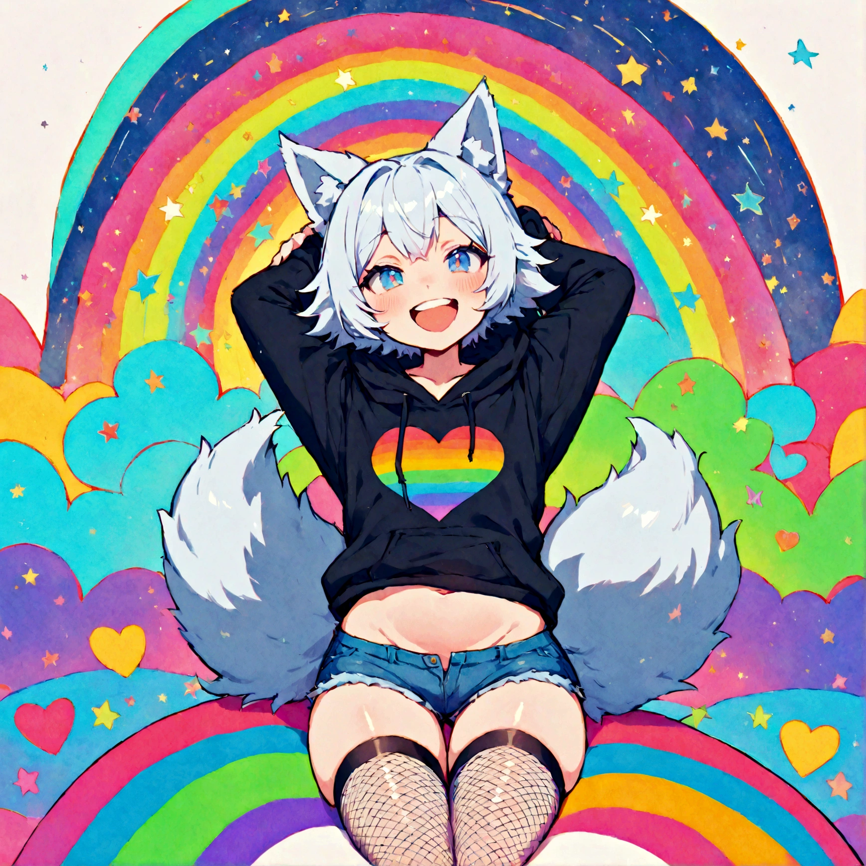 a cute adult male with wolf ears, white hair, has a wolf tail, wearing a loose cropped oversized black hoodie, wearing a pair of denim short shorts and thigh high fishnet stockings, thick thighs, wide hips, relaxing on mound of fluffy multi colored kawaii plushies, short, very slim, showing slender tummy, stretching out, heart on hoodie, squishy thighs, has glowing blue eyes. alone, solo (ALONE)(SOLO), surrounded by rainbows, colorful galaxy backround, mouth wide open grin, very happy, excited, nice butt
