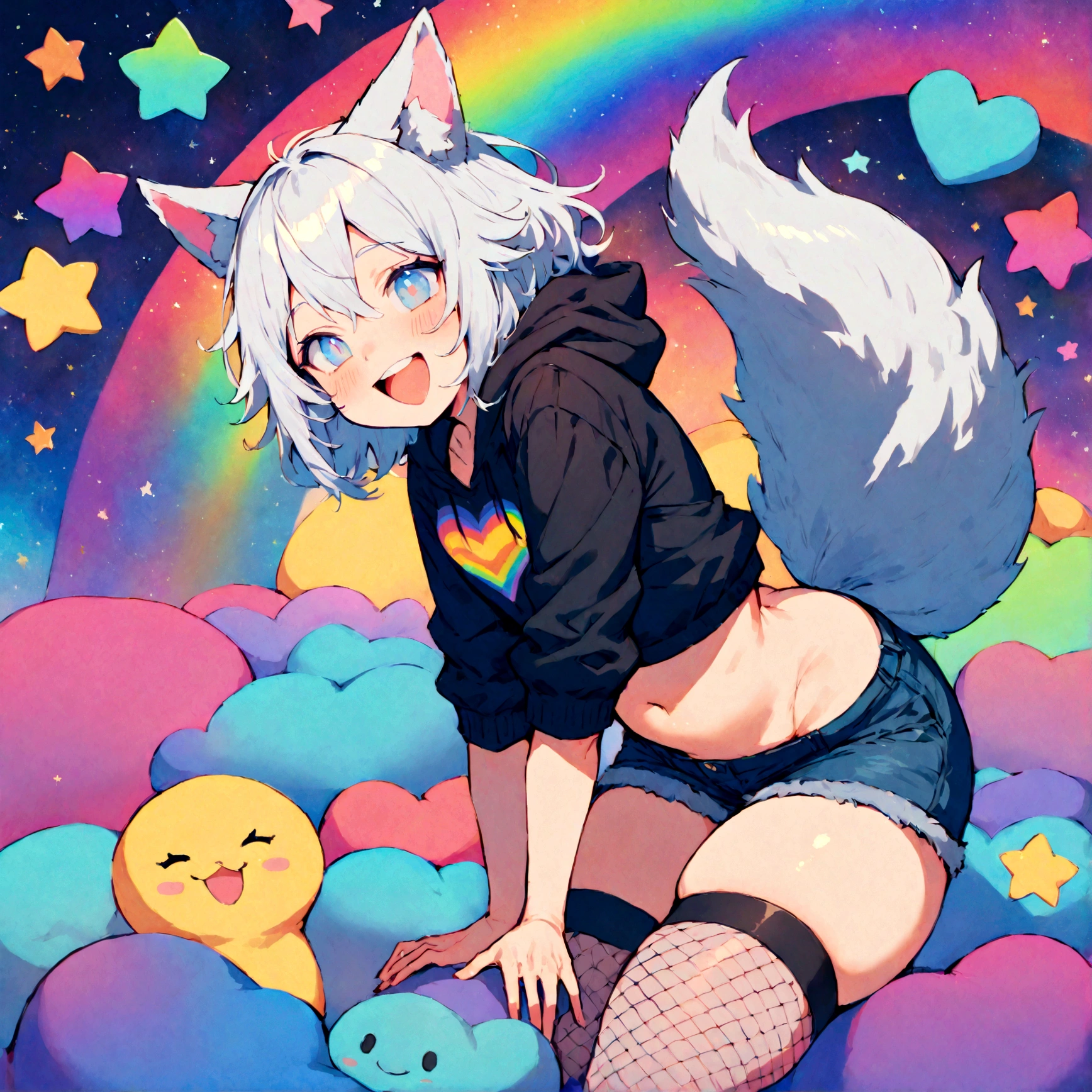 a cute adult male with wolf ears, white hair, has a wolf tail, wearing a loose cropped oversized black hoodie, wearing a pair of denim short shorts and thigh high fishnet stockings, thick thighs, wide hips, relaxing on mound of fluffy multi colored kawaii plushies, short, very slim, showing slender tummy, stretching out, heart on hoodie, squishy thighs, has glowing blue eyes. alone, solo (ALONE)(SOLO), surrounded by rainbows, colorful galaxy backround, mouth wide open grin, very happy, excited, nice butt