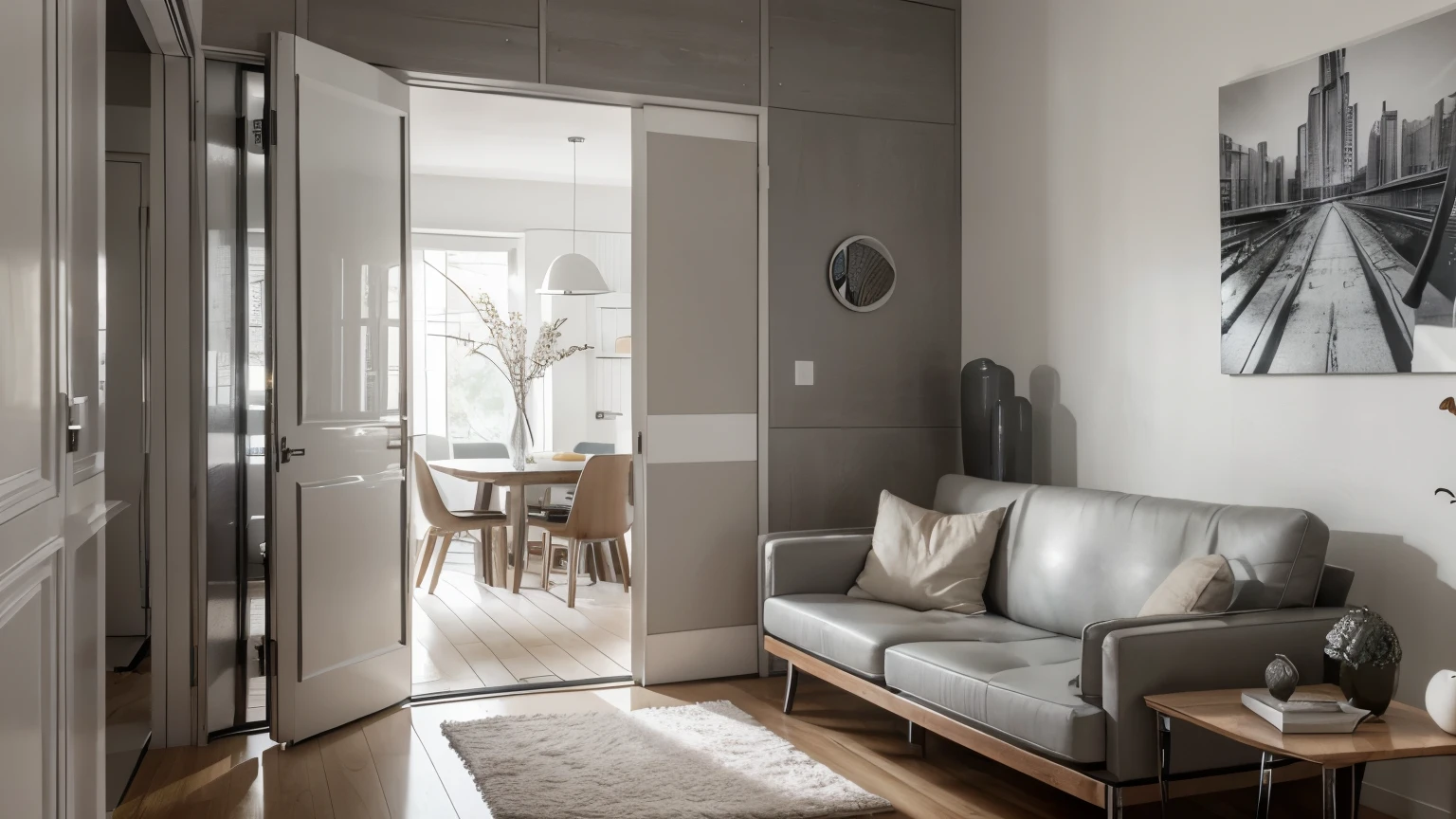 ultra-detailed, photorealistic, 8k, design contemporain, open living room scene through the door, porte contemporaine en bois gris ouverte, stylish color pattern, lustre moderne en coquillage, chrome tables, neutral contemporary sofa upholstered'argent, reflective surfaces, chaises modernes avec un tissu doux et neutre, sculpture artistique sur socle, Abundant natural light, large windows, mountains seen in the background, ((style contemporain))
