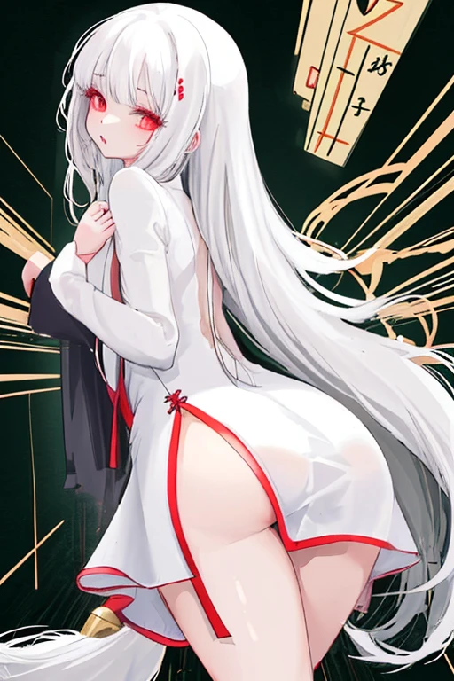Beautiful Asian girl medium long hair white hair in doggy position showing her ass to the viewer in mini dress 