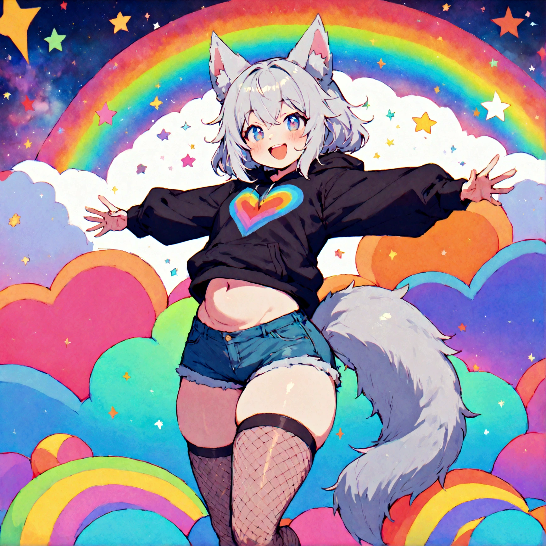 a cute adult male with wolf ears, white hair, has a wolf tail, wearing a loose cropped oversized black hoodie, wearing a pair of denim short shorts and thigh high fishnet stockings, thick thighs, wide hips, relaxing on mound of fluffy multi colored kawaii plushies, short, very slim, showing slender tummy, stretching out, heart on hoodie, squishy thighs, has glowing blue eyes. alone, solo (ALONE)(SOLO), surrounded by rainbows, colorful galaxy backround, mouth wide open grin, very happy, excited, nice butt