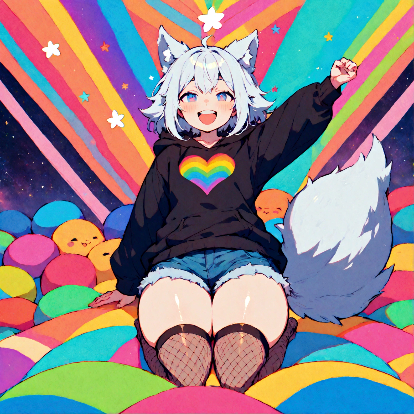 a cute adult male with wolf ears, white hair, has a wolf tail, wearing a loose cropped oversized black hoodie, wearing a pair of denim short shorts and thigh high fishnet stockings, thick thighs, wide hips, relaxing on mound of fluffy multi colored kawaii plushies, short, very slim, showing slender tummy, stretching out, heart on hoodie, squishy thighs, has glowing blue eyes. alone, solo (ALONE)(SOLO), surrounded by rainbows, colorful galaxy backround, mouth wide open grin, very happy, excited, nice butt
