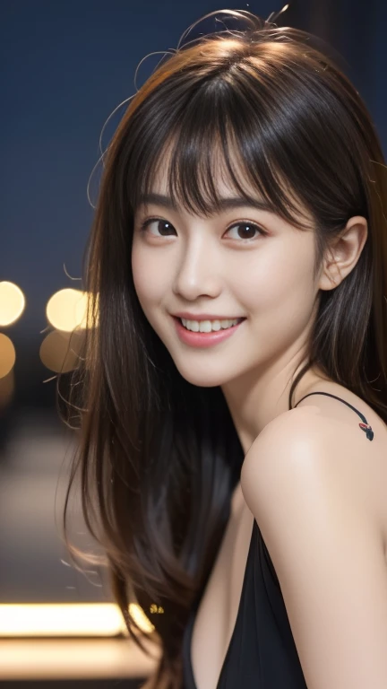 One Japanese idol, (RAW Photos, highest quality), (Realistic, Photorealistic:1.4), Tabletop, Very delicate and beautiful, Very detailed, 8k wallpaper, wonderful, In detail, Very detailedなCG Unity, High resolution, Soft Light, beautiful detailed 25 years old, Very detailedな目と顔, Beautifully detailed nose, Beautiful fine details,Cinema Lighting,City lights at night,thin,smile, (Medium Hair, My hair is messy, Asymmetrical bangs, Light brown hair)