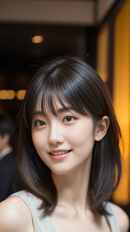 One Japanese idol, (RAW Photos, highest quality), (Realistic, Photorealistic:1.4), Tabletop, Very delicate and beautiful, Very detailed, 8k wallpaper, wonderful, In detail, Very detailedなCG Unity, High resolution, Soft Light, beautiful detailed 25 years old, Very detailedな目と顔, Beautifully detailed nose, Beautiful fine details,Cinema Lighting,City lights at night,thin,smile, (Medium Hair, My hair is messy, Asymmetrical bangs, Light brown hair)