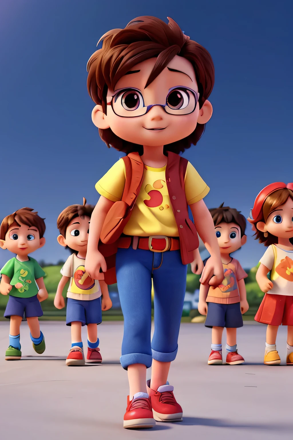cartoon characters of a group of children, promotional render, 3d characters, animation character, kids movie, children illustration.