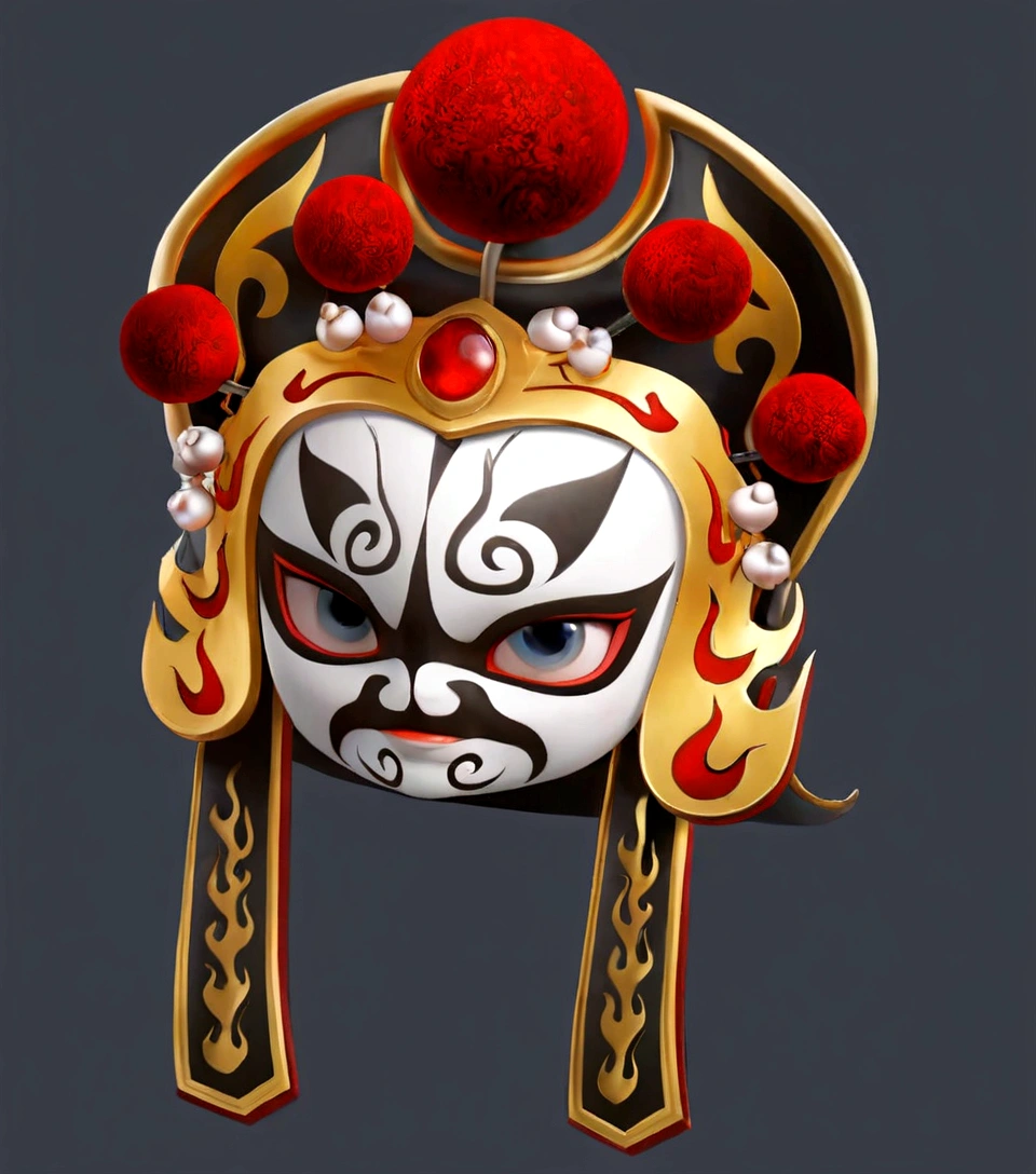 have a mask，A red ball, Detailed helmet, Gorgeous headdress, Gorgeous headscarf, Gorgeous headdress, Game assets, High Detail, China gorgeous,, Sichuan opera roles，Quintessence，High degree of completion， There are rubies，3D Model, 3d icons for mobile games，metallic feel。8K，HD，High Detail