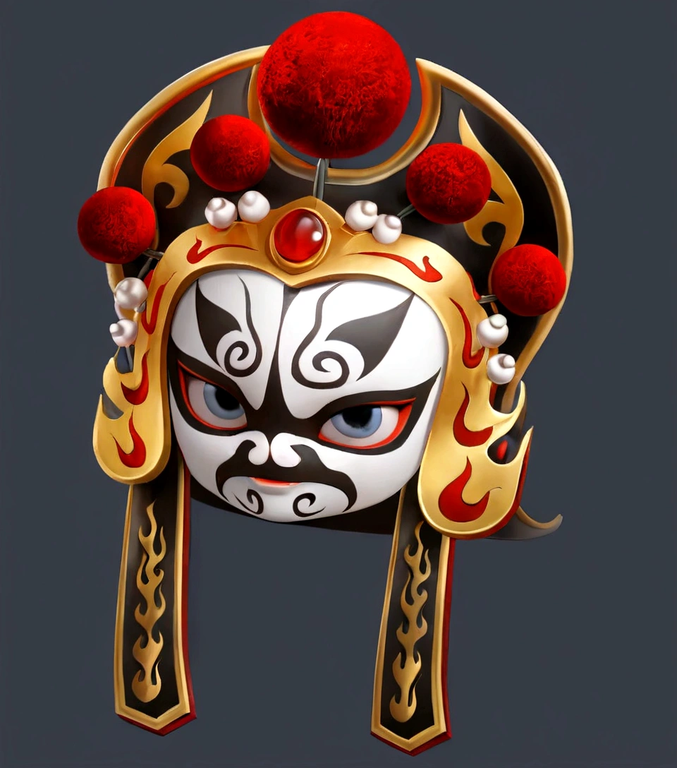have a mask，A red ball, Detailed helmet, Gorgeous headdress, Gorgeous headscarf, Gorgeous headdress, Game assets, High Detail, China gorgeous,, Sichuan opera roles，Quintessence，High degree of completion， There are rubies，3D Model, 3d icons for mobile games，metallic feel。8K，HD，High Detail