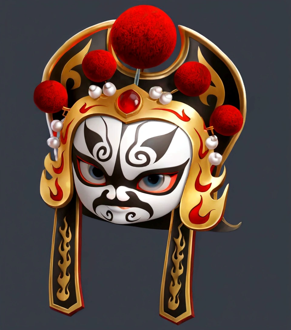 have a mask，A red ball, Detailed helmet, Gorgeous headdress, Gorgeous headscarf, Gorgeous headdress, Game assets, High Detail, China gorgeous,, Sichuan opera roles，Quintessence，High degree of completion， There are rubies，3D Model, 3d icons for mobile games，metallic feel。8K，HD，High Detail