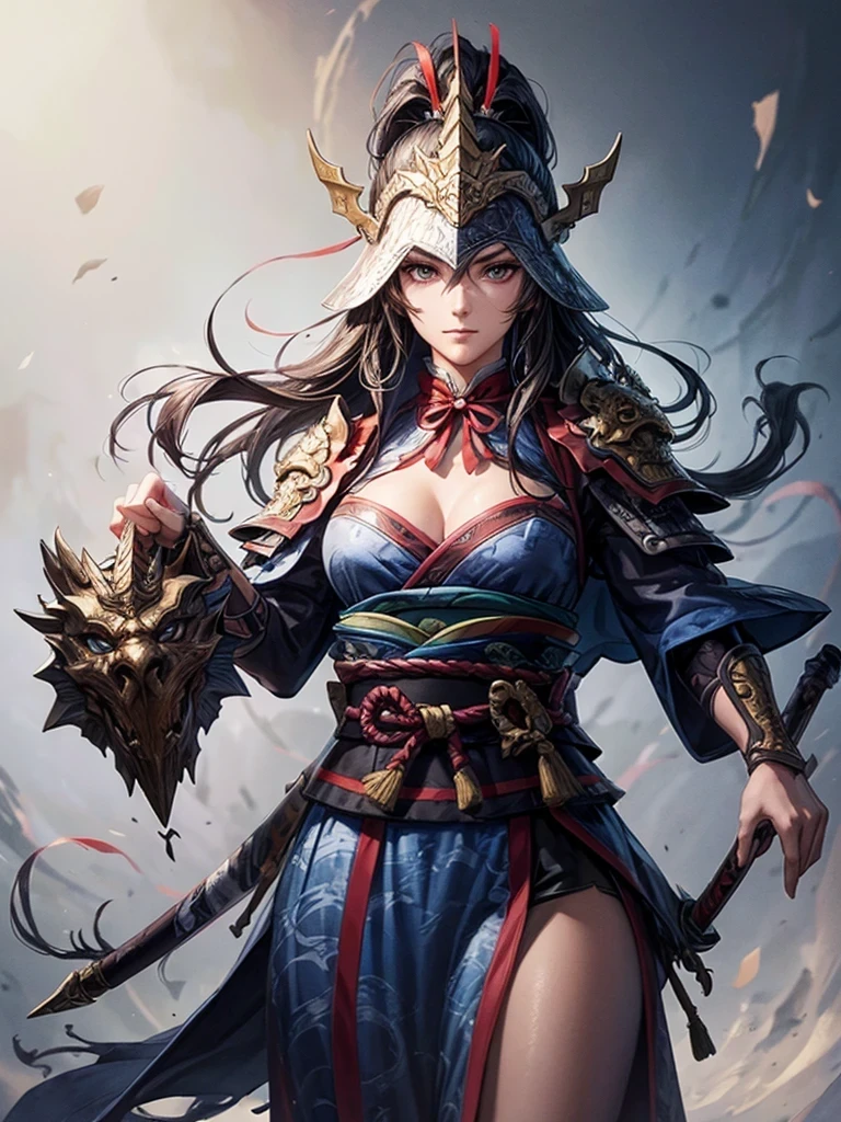 Ancient、Shogun、long beard and long hair、blue unicorn armor、dragon shaped helmet、Ink Wash Style,1 person,(surrealist), (illustration), (high resolution), (8K), (very detailed), (best illustration), (beautiful detailed eyes), (best quality), (very detailed), (masterpiece),