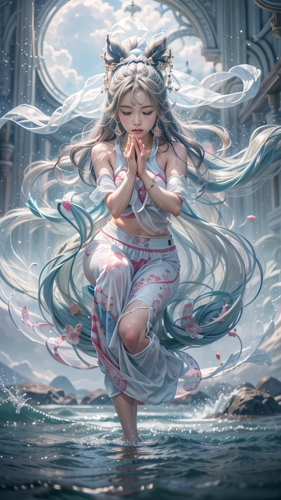 (RAW shooting, 32k:1.5, highest quality, masterpiece, Ultra-high resolution), (Dramatic moonlight:1.0, Mysterious World:1.0, Expressions of sadness:1.0), Side Shot, Fractal Art:1.3, Perfect dynamic composition:1.3, Very detailedな肌と顔の質感:1.3, Dynamic flow of water waves:1.3, The dynamic flow of the aura:1.3, The subject is observed from a distance, elegant and sophisticated, Fair skin, Incredibly slim body:0.8, Very beautiful face, Water droplets on the skin, (Yoga Wear:1.3, Zazen pose 1.3, Meditation pose:1.3), Very accurate, Very detailed, Big eyes that exude beauty, Beautiful big lips, Unreal atmosphere, Earrings, bracelet