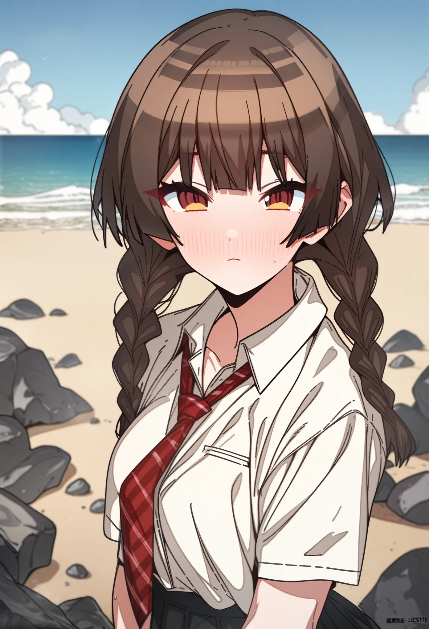 houshou_marine with brown hair and brown eyes, Artist, erere, Copyrights, idolmaster, idolmaster_shiny_colors, Character, General, 1girl, brown_hair, blunt_bangs, blush, medium_breasts, breasts, detailed eyelashes, beatiful girl:1, brown_eyes, censored, school_uniform, black pleated skirt, black blazer, white shirt, red tie, twin_braids, :|:0.5, (full_body) (standing in middle, beach, rocks), sky:0.7, half-closed_eyes, detailed, sand, outdoors, from_side, looking_at_viewer, masterpiece, best_quality, great_quality, girl, solo, center_composition, centered character, cute
