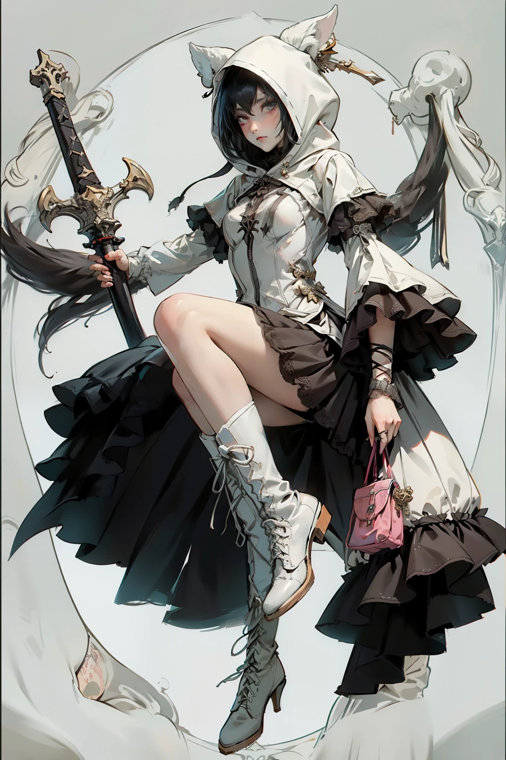 ((best quality)), ((masterpiece)), (detailed), blank white background, plain background, white background, red and white clothing, (with a hood), Bloodborne inspired, occult aesthetic, occult, detailed and intricate steampunk and detailed gothic, NSFW, Very dramatic and cinematic lighting, cosmic horror, grim-dark, side-lighting, perfect face, NSFW, Fluttering lace flared long knee length dress with frilly petticoats, knee length dress, pleated petticoats, lolita dress, petticoats gothic lolita, complex lace boots, wielding a sword and holding a shield, side-lighting, gothic lolita aesthetic, NSFW, beautiful small breasts, small breasts, full body, whole body, body, plain background, white background, blank background, no background, white background NSFW, full body, whole body, head-to-toe