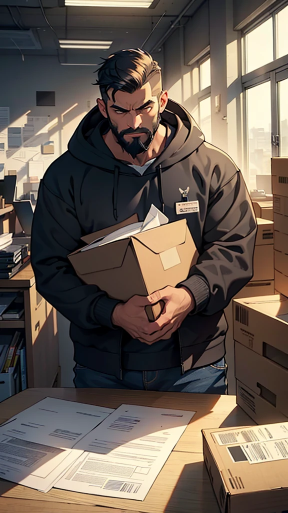 A man wear trucker har, wear navy hoodie, beard, Amidst the muted hum of an office on the precipice of upheaval, an employee, clutching a sheet of folded paper in trembling hands, laptop, sits before an imposing mahogany desk. His brows furrowed, eyes wide, mouth agape in a mixture of confusion, sadness, and surprise. The once pristine workspace is now a cluttered landscape of cardboard boxes, each one representing the imminent loss of work and comfort.
Suspended in the air above the scene hovers a manager's silhouette, cast long and ominous by the setting sun filtering in through the office window. The superior's expression remains shrouded in shadow