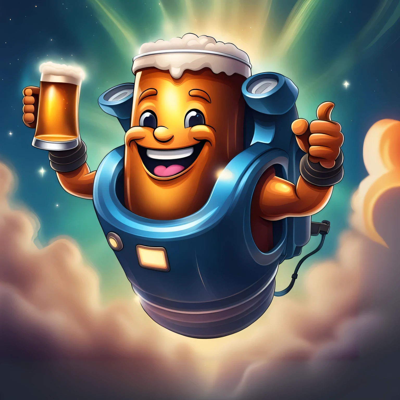 cartoon beer mug character flying in the sky with a beer, knight drinks beer, mobile game art, hearthstone card art, mascot illustration, 3 d icon for mobile game, beer, hearthstone card game artwork. ”, rendered art, mr. nimbus character design, in hearthstone art style, splash art brawlstars, from hearthstone, 2. 5 d illustration