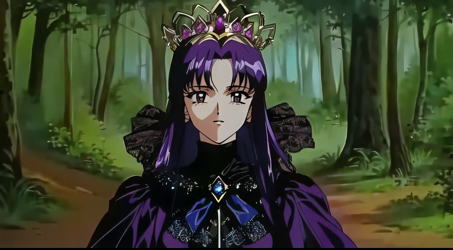 arafed woman in a purple dress and crown in a forest, beautiful vampire female queen, 1990s (style), 1980s (style), retro artstyle, a girl,, best quality, masterpiece.