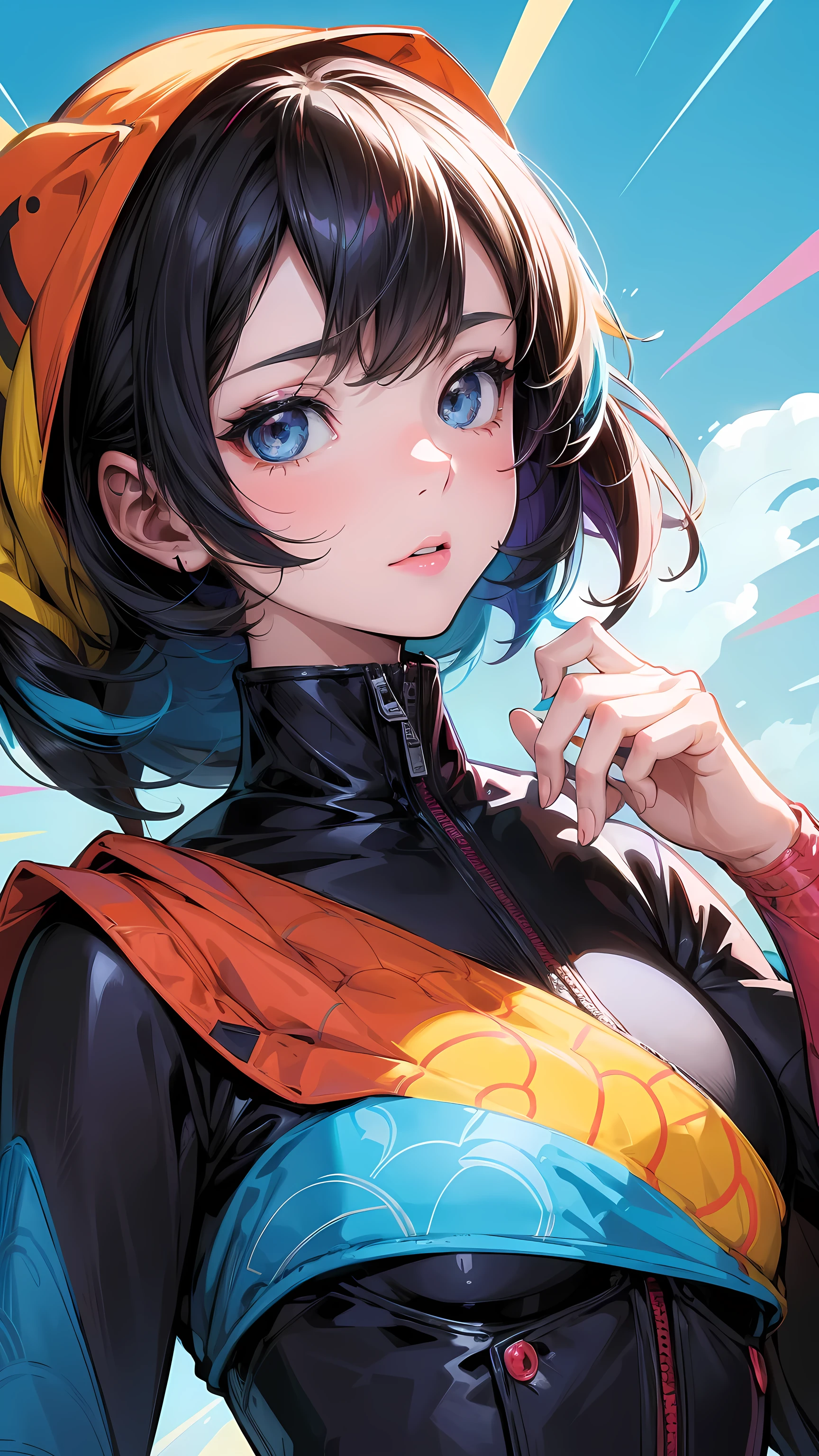 Close up professional photo of a young woman wrapped in a colorful warm quilt, cel shading, bold silhouette, Flat color, sombras bem definidas, graphic style, (manga influence:1.3), Clear lines, Eye-Catching Visuals,comics