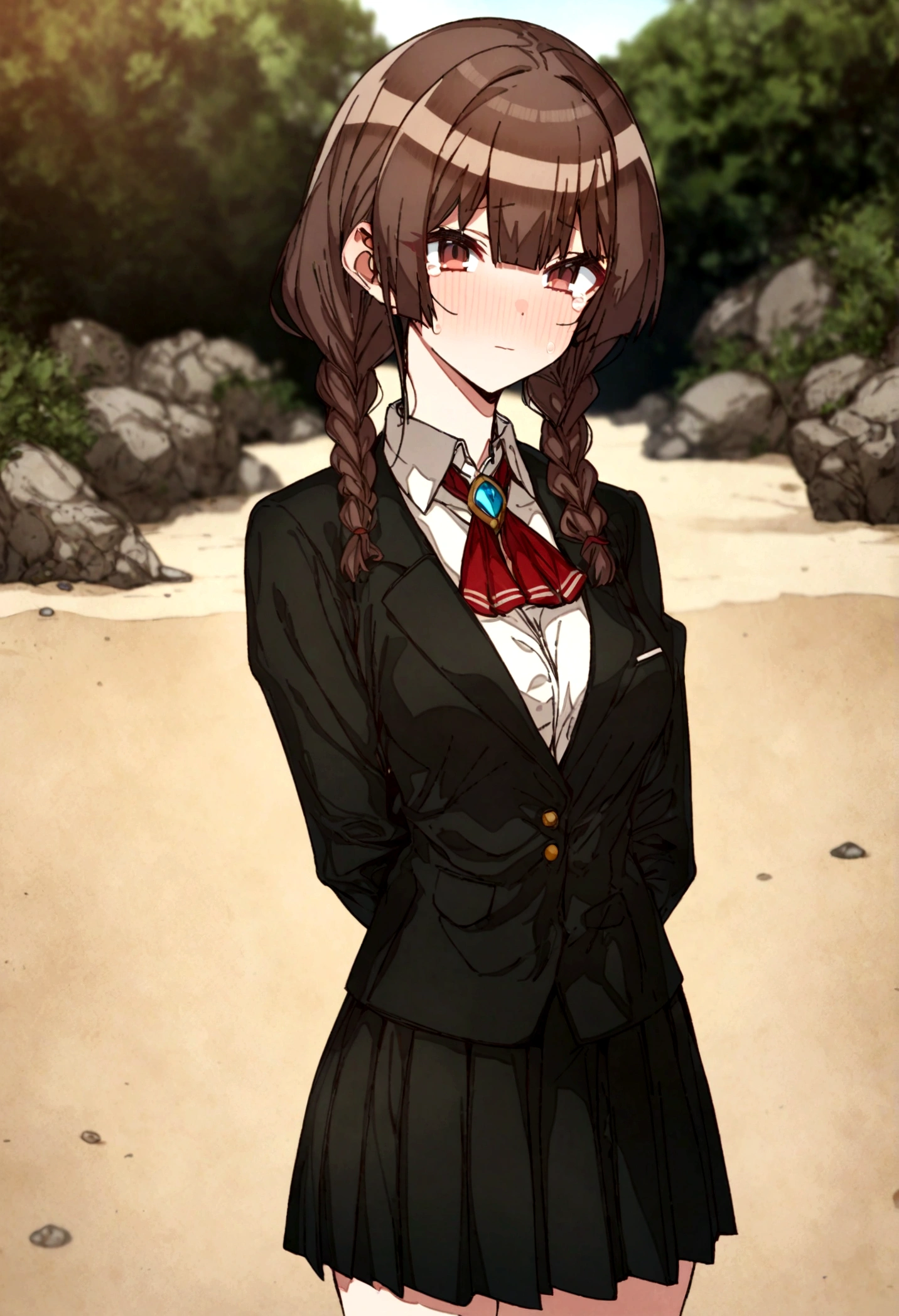 houshou_marine with brown hair and brown eyes, Artist, erere, Copyrights, idolmaster, idolmaster_shiny_colors, Character, General, 1girl, brown_hair, blunt_bangs, blush, medium_breasts, breasts, detailed eyelashes, beatiful girl:1, brown_eyes, censored, school_uniform, black pleated skirt, black blazer, white shirt, red tie, twin_braids, :|:0.5, (full_body) (standing in middle, beach, rocks), sky:0.7, half-closed_eyes, detailed, sand, outdoors, from_side, looking_at_viewer, masterpiece, best_quality, great_quality, girl, solo, center_composition, centered character, cute, crying