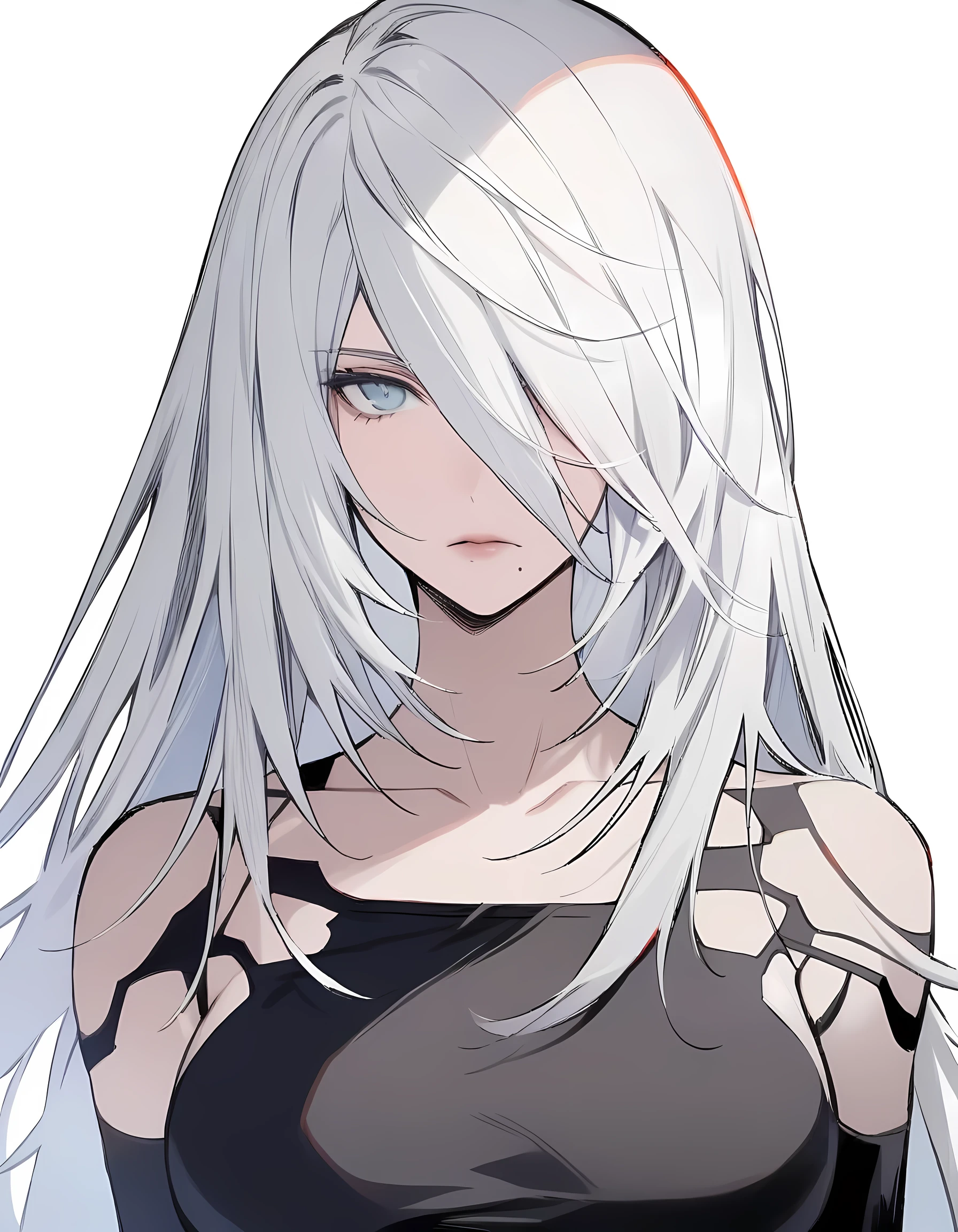 masterpiece,best quality,tank_top, 1girl, science_fiction, upper_body, mole_under_mouth, highres, a2_\(nier:automata\), robot, solo, expressionless, white_background, hair_over_one_eye, white_outline, android