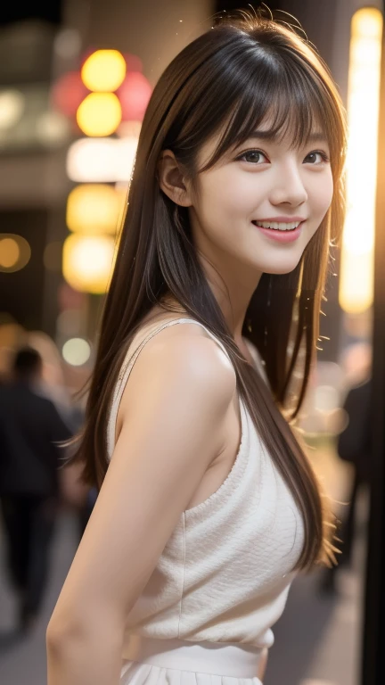 One Japanese idol, (RAW Photos, highest quality), (Realistic, Photorealistic:1.4), Tabletop, Very delicate and beautiful, Very detailed, 8k wallpaper, wonderful, In detail, Very detailedなCG Unity, High resolution, Soft Light, beautiful detailed 25 years old, Very detailedな目と顔, Beautifully detailed nose, Beautiful fine details,Cinema Lighting,City lights at night,thin,smile, (Medium Hair, My hair is messy, Asymmetrical bangs, Light brown hair)