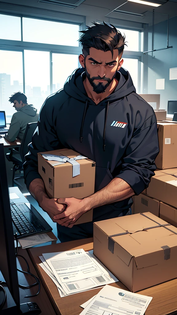 A man wear trucker har, wear navy hoodie, beard, Amidst the muted hum of an office on the precipice of upheaval, an employee, clutching a sheet of folded paper in trembling hands, laptop, sits before an imposing mahogany desk. His calm face, and surprise. The once pristine workspace is now a cluttered landscape of cardboard boxes, each one representing the imminent loss of work and comfort.

Suspended in the air above the scene hovers a manager's silhouette, cast long and ominous by the setting sun filtering in through the office window. The superior's expression remains shrouded in shadow