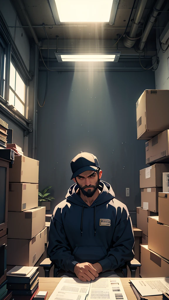 A man wear trucker har, wear navy hoodie, beard, Amidst the muted hum of an office on the precipice of upheaval, an employee, clutching a sheet of folded paper in trembling hands, laptop, sits before an imposing mahogany desk. His calm face, and surprise. The once pristine workspace is now a cluttered landscape of cardboard boxes, each one representing the imminent loss of work and comfort.
Suspended in the air above the scene hovers a manager's silhouette, cast long and ominous by the setting sun filtering in through the office window. The superior's expression remains shrouded in shadow