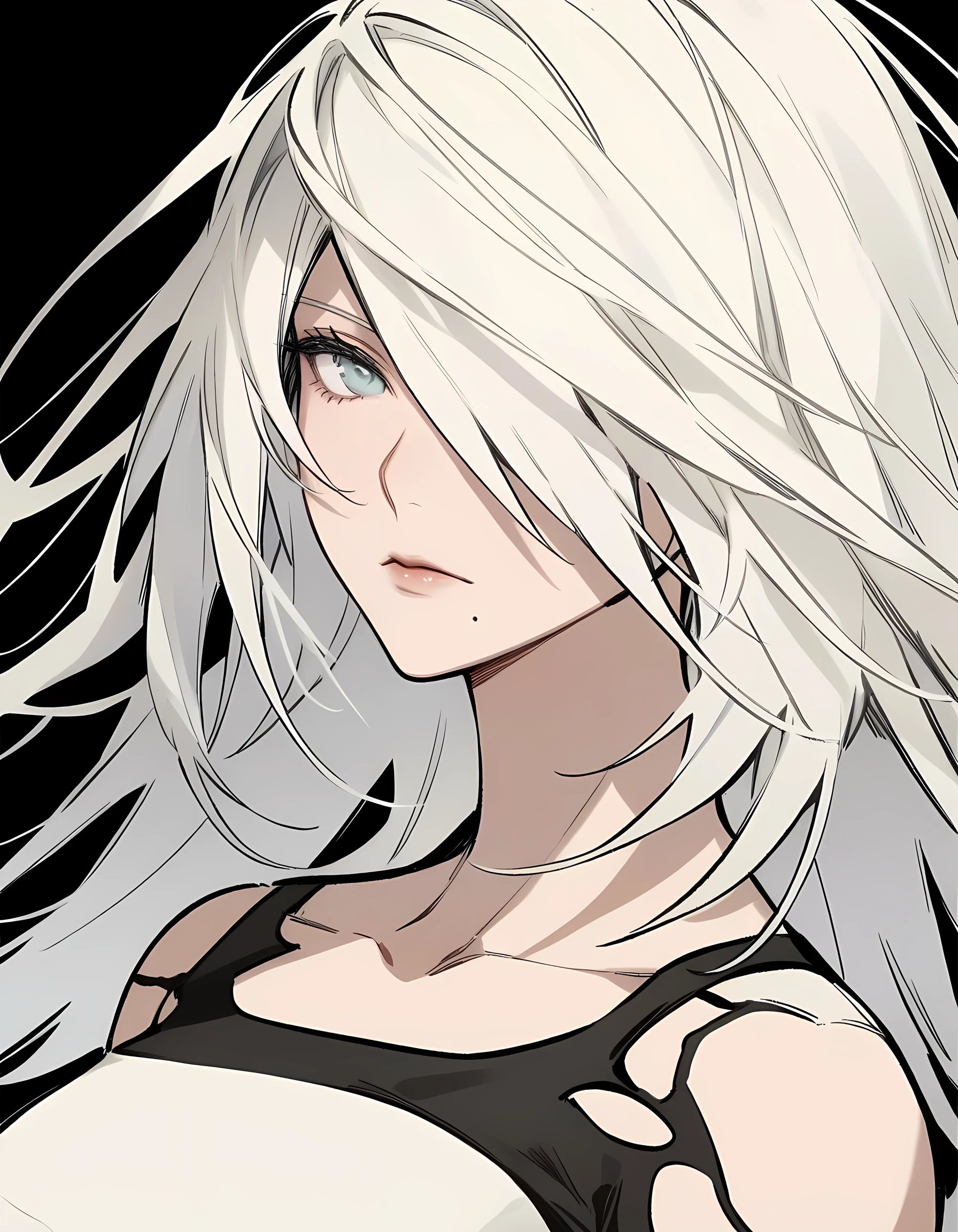 masterpiece,best quality,tank_top, 1girl, science_fiction, upper_body, mole_under_mouth, highres, a2_\(nier:automata\), robot, solo, expressionless, black_background, hair_over_one_eye, white_outline, android