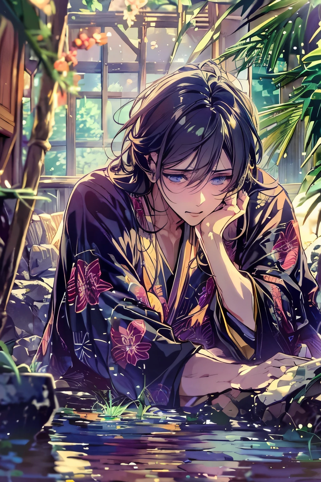 (masterpiece, 8k, Absurd, Digital Art, Digital Illustration, Realistic, Very detailed, Realistic lighting), (Perfect Face, Perfect Eyes, Perfect body), male,1 person, adult、Adult、gentleman、male的な, Adult,good looking, Sharp features,Loosely tied hair、hot spring、yukata、Black Hair、Embarrassed、Troubled face、Charm、Confused、Yuagari
