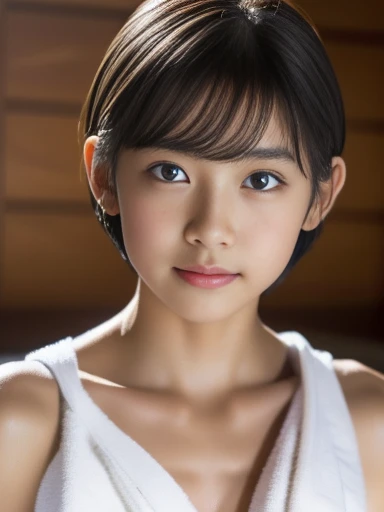 (table top:1.2), super detailed, 超A high resolution, (realistic, photo realistic:1.37), High-definition RAW color photo, professional photos, highly detailed face, highly detailed eyes, highly detailed skin, very fine fingers, highly detailed nose, highly detailed mouth, perfect anatomy, highly detailed background, (famous japanese actress:1.2), (gal:1.2), (flat chest), Brown people, black skin, Very short cut hair, (Immerse yourself in the hot spring up to your chest:1.2). (hot spring:1.2), (naked towel, towel:1.4), (full body:1.3)、12 years old, junior high school girl、(((shortcut:1.3))),(Beautiful dark-skinned Japan woman:1.2)、(Editorial about a beautiful 12-year-old half-Filipino woman.),(((big breasts:1.2))),(((whole body:1.2))