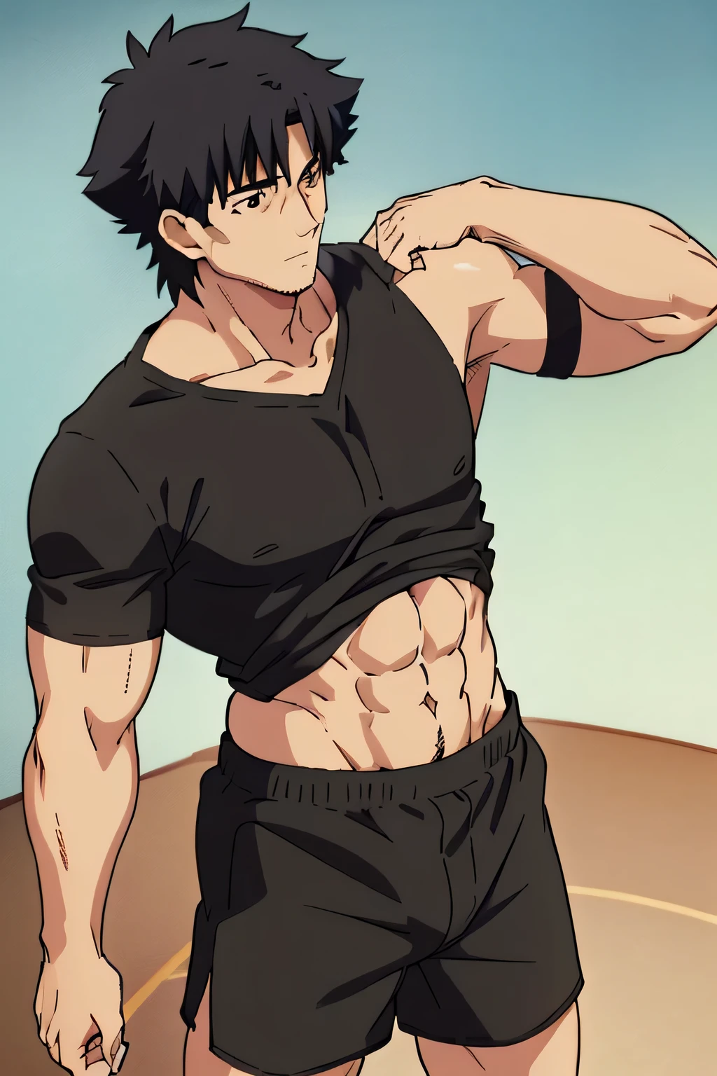Kiritsugu is sitting and flexing his arms. He wears a black tshirt with short sleeves. His right sleeve is completely rolled up, so you can see his entire arm and shoulder. He wears black short boxershorts. You can see his thighs completely. He has a huge bulge. You can see his abs too. He is admiring his arms.