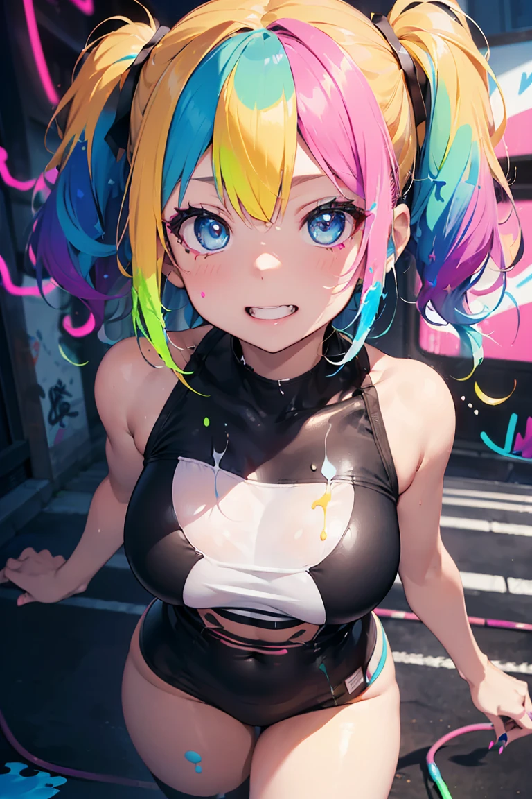 Eyes that shine like jewels, Anime Girls,Punk Fashion,Punk Makeup, ((Grin)), (Big Breasts:1.3),((Upward glance:1.3, Perfect Eyes , The rainbow shines、Eyes with very fine irises:1.3, Gradient Eye:1, Beautiful details:1, Symmetrical eyes:1, Big Eye Highlights:1.3)), blush, (Open your mouth), anger,In a psychedelic room, (White skin: 1.5, Sunburned skin, White skin, very White skin, Bright body), Psyche Tranceのイラスト, Psyche Trance, psychedelic art style, Neon Color Theme, (((masterpiece))), (Complex), 8k, highest quality, (Visual Strength: 1.5),

(((liquid paint hair:1.1))) ,(((Neon colored hair :1.5))), ((I drew、Defying Gravity,Strong currents),(Paint splashes:1.3), (Shiny Hair: 1.3), (Bright colors), Embarrassing,Centered,Scale to fit,Three-part method, A body nicely covered in paint on a multicolored background, Colorful Themes, Splash Paint Regeneration, Beautiful light, Colorful light particles,High contrast in clothing, Color Splash, Colored walls,  Complex 詳細,  Exposure Blending, High resolution, (Graffiti art)