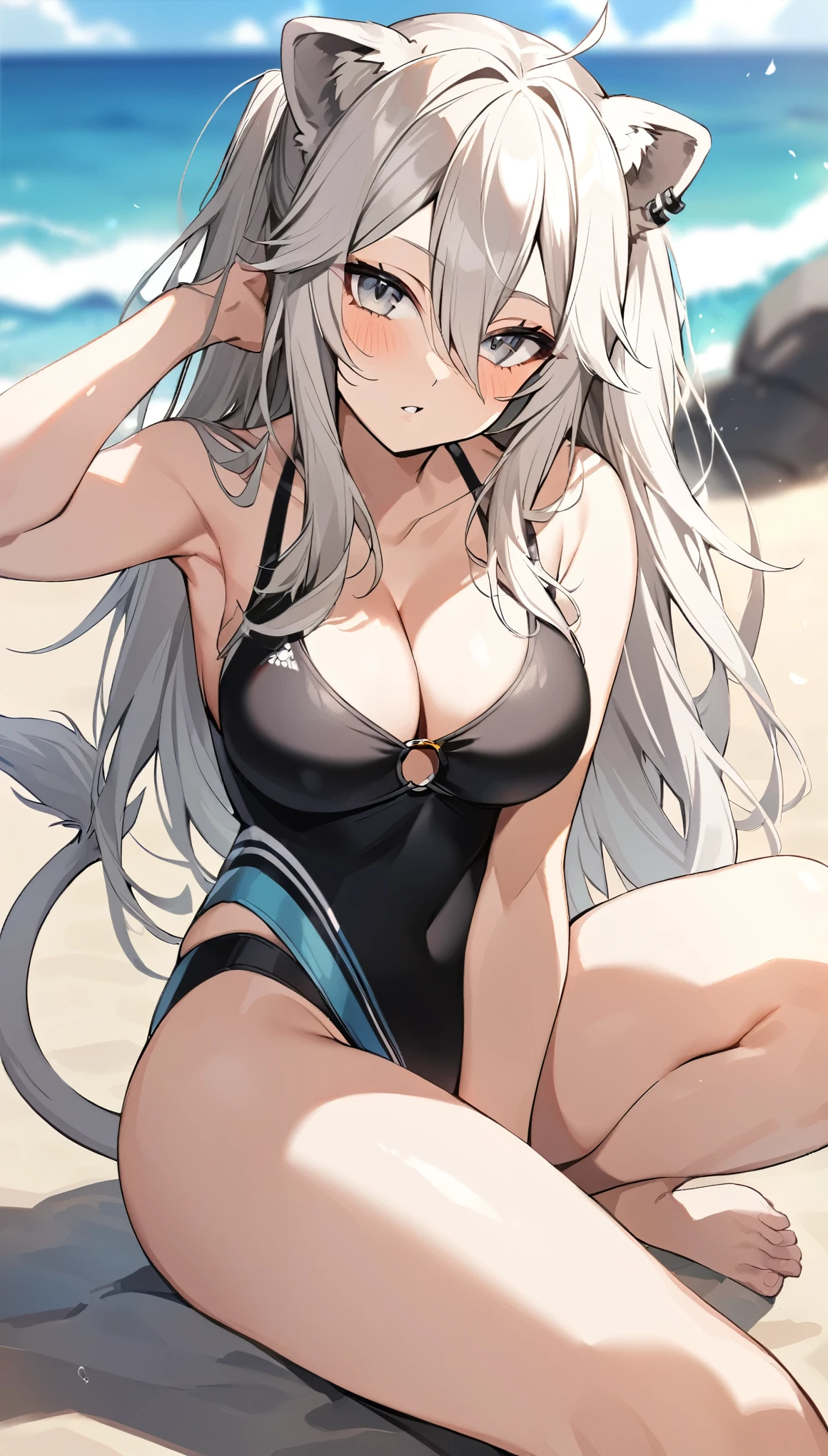 1girl, lion_ears, lion_tail, shishiro_botan, breasts, solo, tail, animal_ears, virtual_youtuber, swimsuit, lion_girl, long_hair, one-piece_swimsuit, cleavage, large_breasts, ahoge, looking_at_viewer, sitting, o-ring, barefoot, grey_eyes, black_one-piece_swimsuit, hair_between_eyes, white_hair, grey_hair, beach, hand_up, parted_lips, outdoors, piercing, bare_legs, casual_one-piece_swimsuit, blurry, ear_piercing, bangs, thighs, blurry_background, blush, bare_arms, knee_up