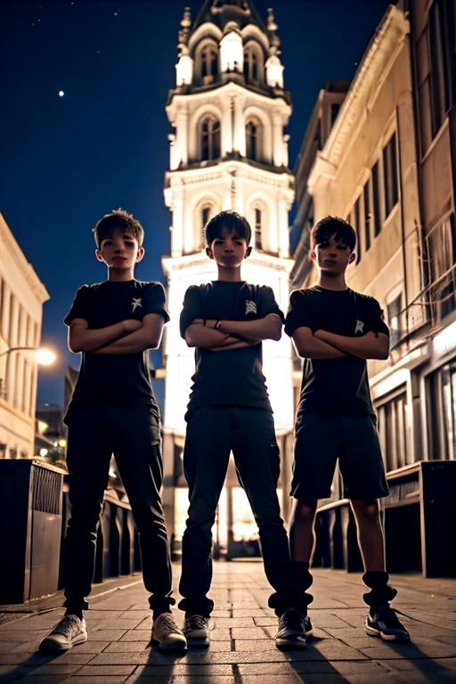 3 boys folded arms stand on the top background a old night city