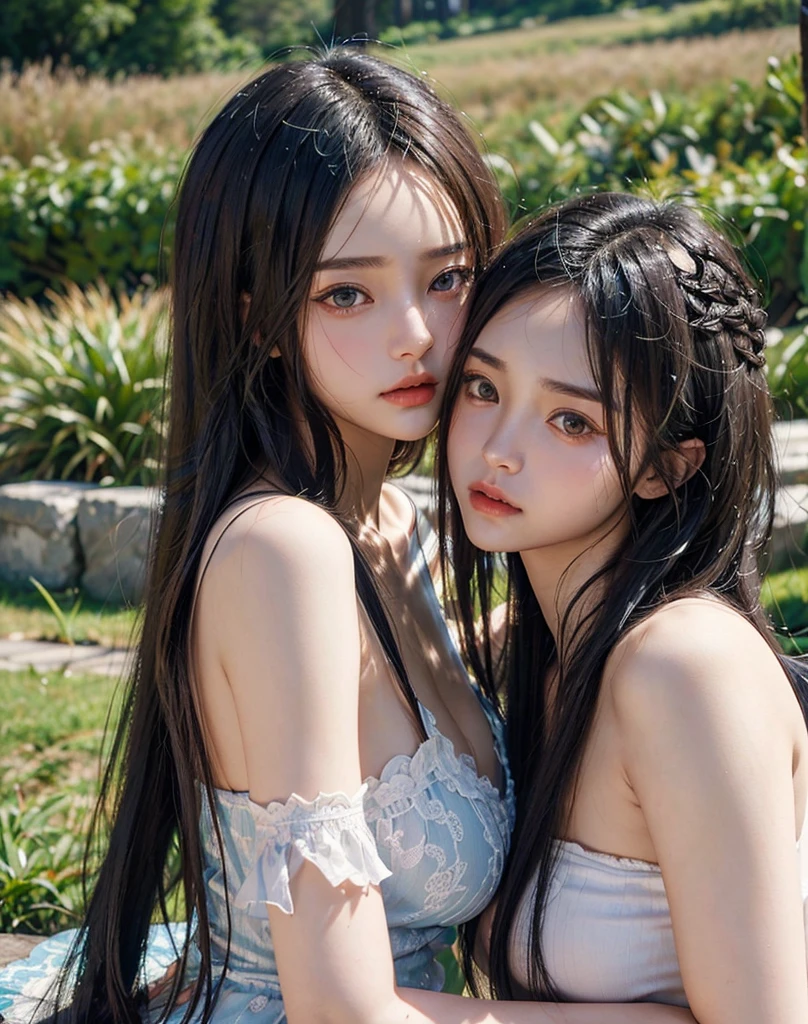 Photo Real、photoRealstic、2 girls in、bilaterally symmetrical 1 Shorthair、1 person with long hair、Blunt bangs、side locks、Wet hair sixteen years old、big eye、Narrow-eyed、with round face、a baby face skinny body、large full breasts、teats、young body、Both of them are fully nude Laughing expression、Facial expressions to enjoy、Cross your shoulders、Side by side、Close contact of each other's breasts Background with、wooden fence、natta、a moon、bathhouse