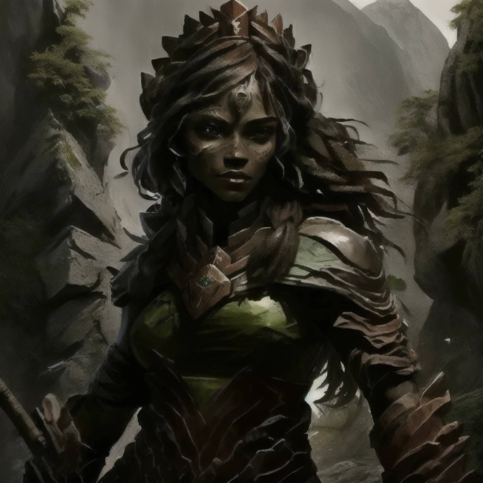 a woman with long hair and a green top holding a wooden quarterstaff, female druid, earth genasi, portrait of a female wizard, dnd character art portrait, dnd portrait, beautiful female, dnd character portrait, earth-like brown skin, serious tone, battle-ready stance