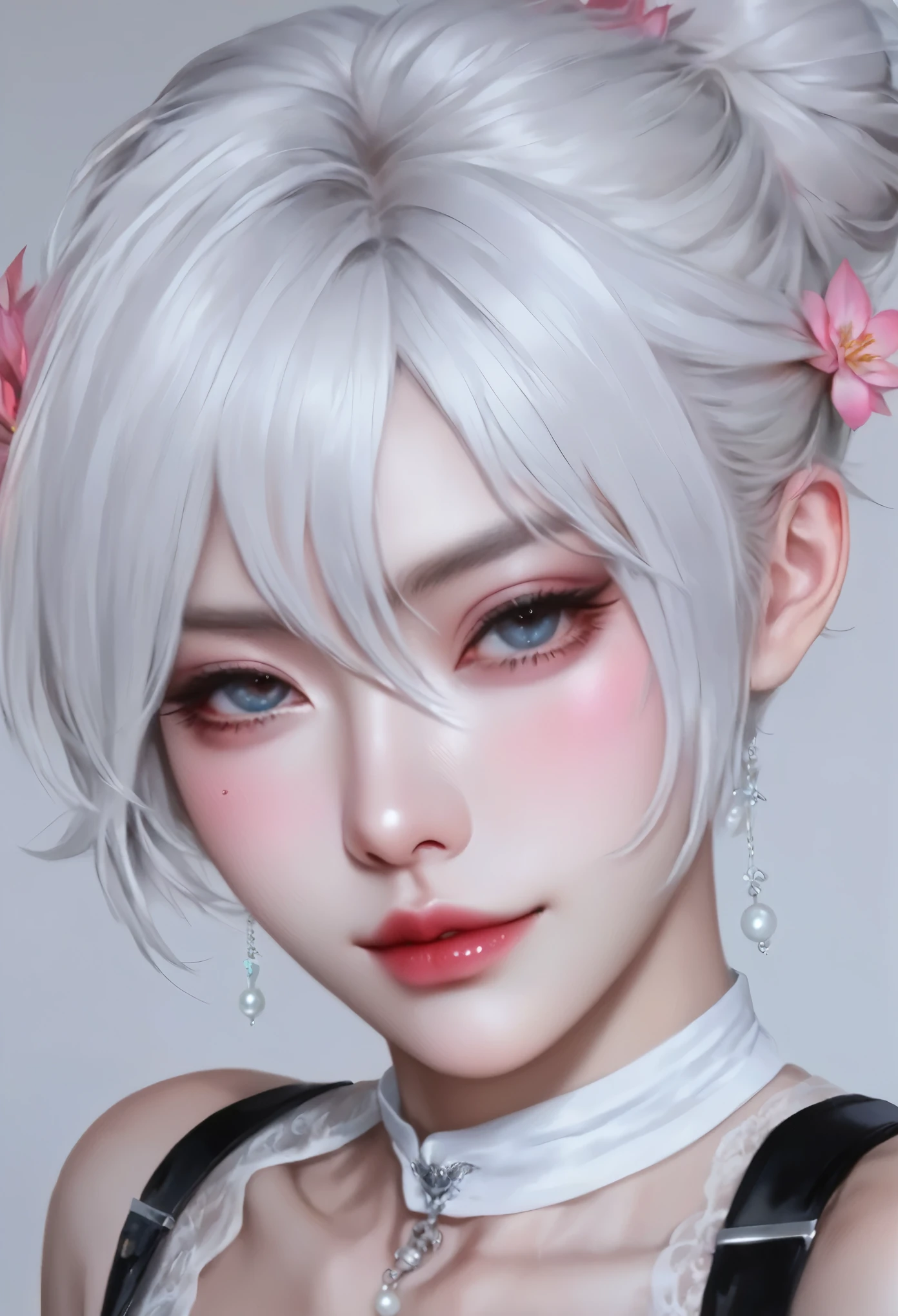 1 girl，Silver short hair，Beautiful facial features，Exquisite makeup，small freckles，Pearl necklace，Black suspender skirt，Shoulder，White hair on arm、Close-up of miss wearing white mask, Beautiful character painting, guweiz, Gurwitz-style artwork, White-haired god, author：Yang Jie, Epic and beautiful character art, Stunning character art, author：Fan Qi, by Wuzhun Shifan, pixiv Art Street Guviz, Single ponytail, insult, High Ponytail, Tall and big, Long legs, (sleeveless lace shirt), (shorts), (Striped )), ((Striped )), Walk, elegant, dignified, miss, Beautiful curves, sweet smile, Strong sense of detail and layering, color丰富绚丽, Has a unique texture, rich and colorful, color, vivid, Design Art, 16K, Super detailed, {{illustration}}, {Extremely refined}, {Exquisite surface treatment}, Super detailed, Delicate and shining eyes, {{Light}}, 极致Light效果, Model: realism, CFG size: 12, Laura: Bright texture (1.35), high quality, masterpiece, Exquisite facial features, Delicate hair depiction, Detailed depiction of the eyes, masterpiece, best quality, Light線追蹤, Extremely detailed CG unified 8k wallpaper, masterpiece, best quality, (1 girl), 完美miss身材, (((Skinny white T-shirt))), beautiful eyes, (Delicate face), short black hair, Tie your hair up, Light blue hairpin, Black silk frame glasses, in class, (White skin), (Optimal Lighting), (Super intricate details), 4k unity, (Super detailed CG), Showing off her white legs, , Hot Pants, shorts,性感Long legs, Thin waist, Sweat runs down my waist, Showing belly, Extremely detailed depiction, Pink Hair, Asymmetrical bangs, Transparent clothes, Hands on thighs, 把目Light移開, 8k resolution, Raise an eyebrow, shiny hair, Flower head, Wristbands, bandage，leather