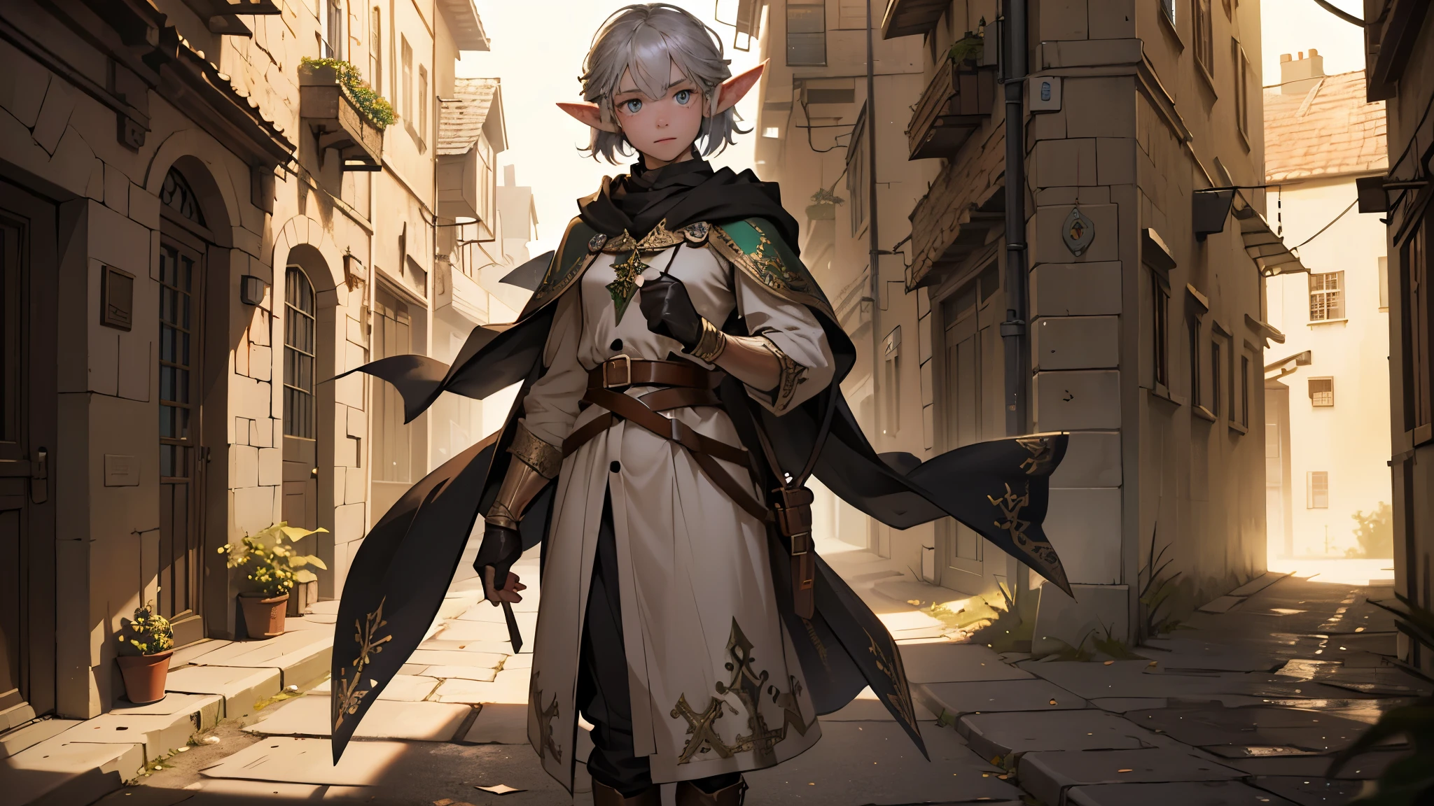 Elf Girl white hair.,colorful eyes, ((full body)), (perfect_fingers:1.0), (perfect_legs:1.0), More_Detail, better_hands. sunrise,beautiful sky ,colorful sky, medieval outfit , people in background,inside a tavern ,medieval tavern, adventurers
