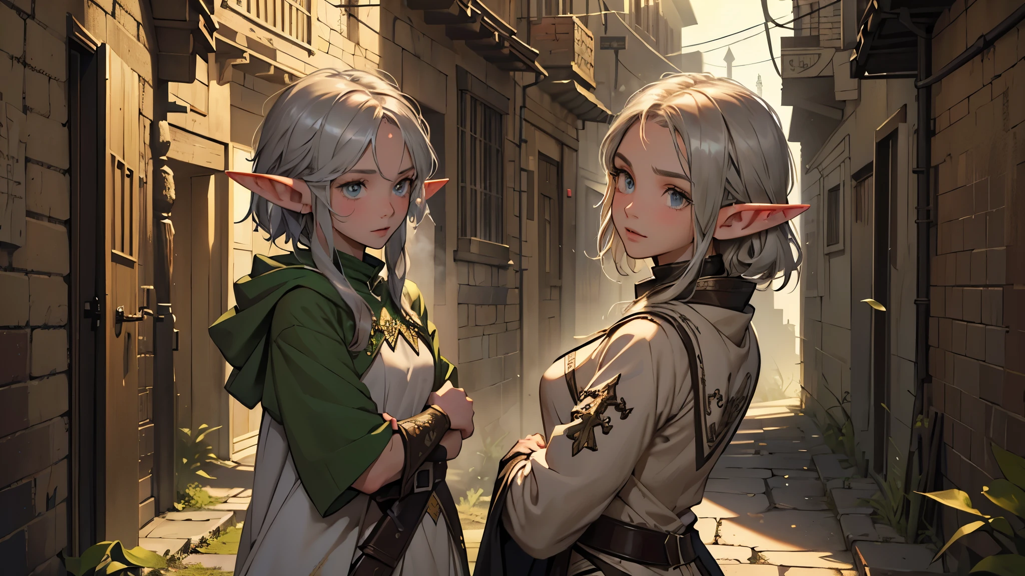 masterpiece, ultra detailed, 8K Portrait, Raw photo, a portrait photo of girl, Highly detailed face, beautiful and meticulous eyes, ((Fantasy)), (elf:1.5), 10 year old, young girl, little, gray short hair, brown eyes, Kind face, skinny, (dirty and tattered clothes), dirty and tattered hooded long white coat Fluttering in the wind, ((bare foots)), Midday Sun, Hyper realistic, in a medieval back alley, Ambient lighting, Shadow details , strong breeze, Light fog