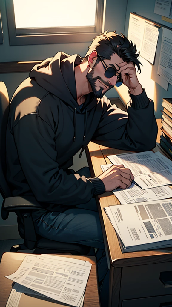 A man wear trucker har, wear navy hoodie, beard, black sunglasses, Amidst the muted hum of an office on the precipice of upheaval, an employee, clutching a sheet of folded paper in laptop, sits before an imposing mahogany desk. His calm face, and smiling. The once pristine workspace is now a cluttered landscape of cardboard boxes, each one representing the imminent loss of work and comfort.
Suspended in the air above the scene hovers a manager's silhouette, cast long and ominous by the setting sun filtering in through the office window. The superior's expression remains shrouded in shadow