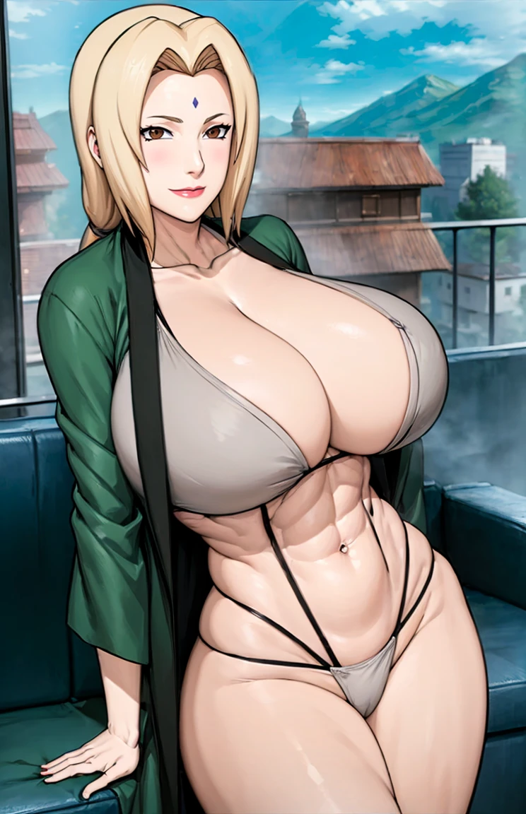(huge tits), cleavage, good anatomy, masterpiece, best quality, 4k, 8k, professional photography, soft light, sharp focus, 1 girl, blonde hair, short blous,visible midriff ,(mountain), clouds, blonde hair, parted banks, detailed face+brown eyes, smile, closed lips, lipstick, windows,(full bodyshot), (deep navelshow :1.5),toned abs,(oval shaped deep and long navel), alluring poses,(front view photo shoot),wears green robe,(panty),Very deep navel